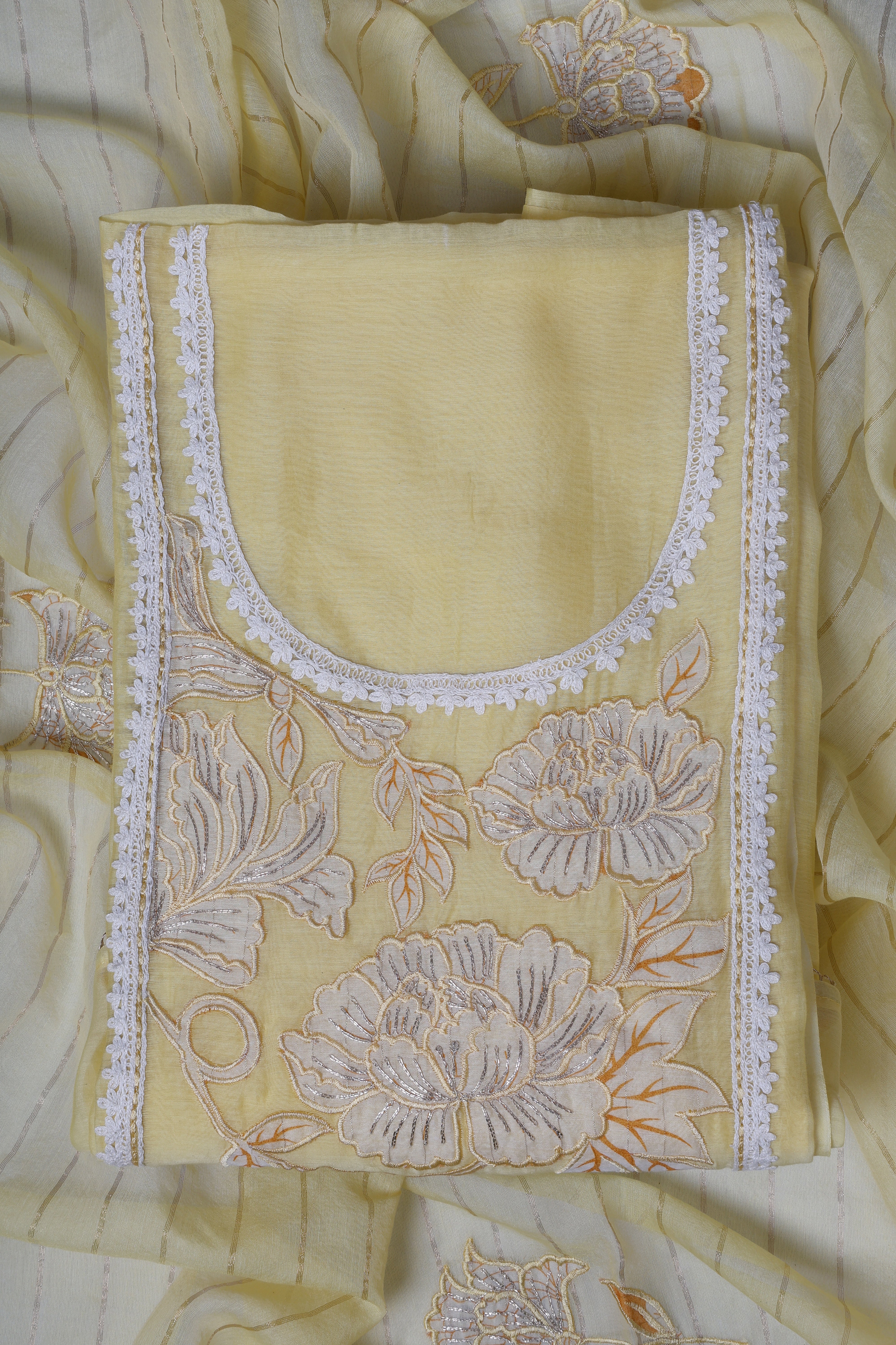 Butter Yellow Appliqué Floral Suit Set