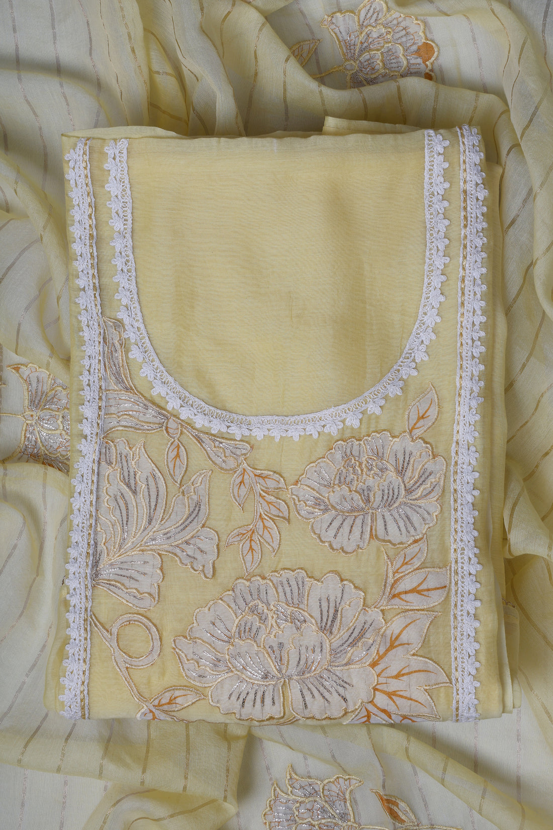 Butter Yellow Appliqué Floral Suit Set
