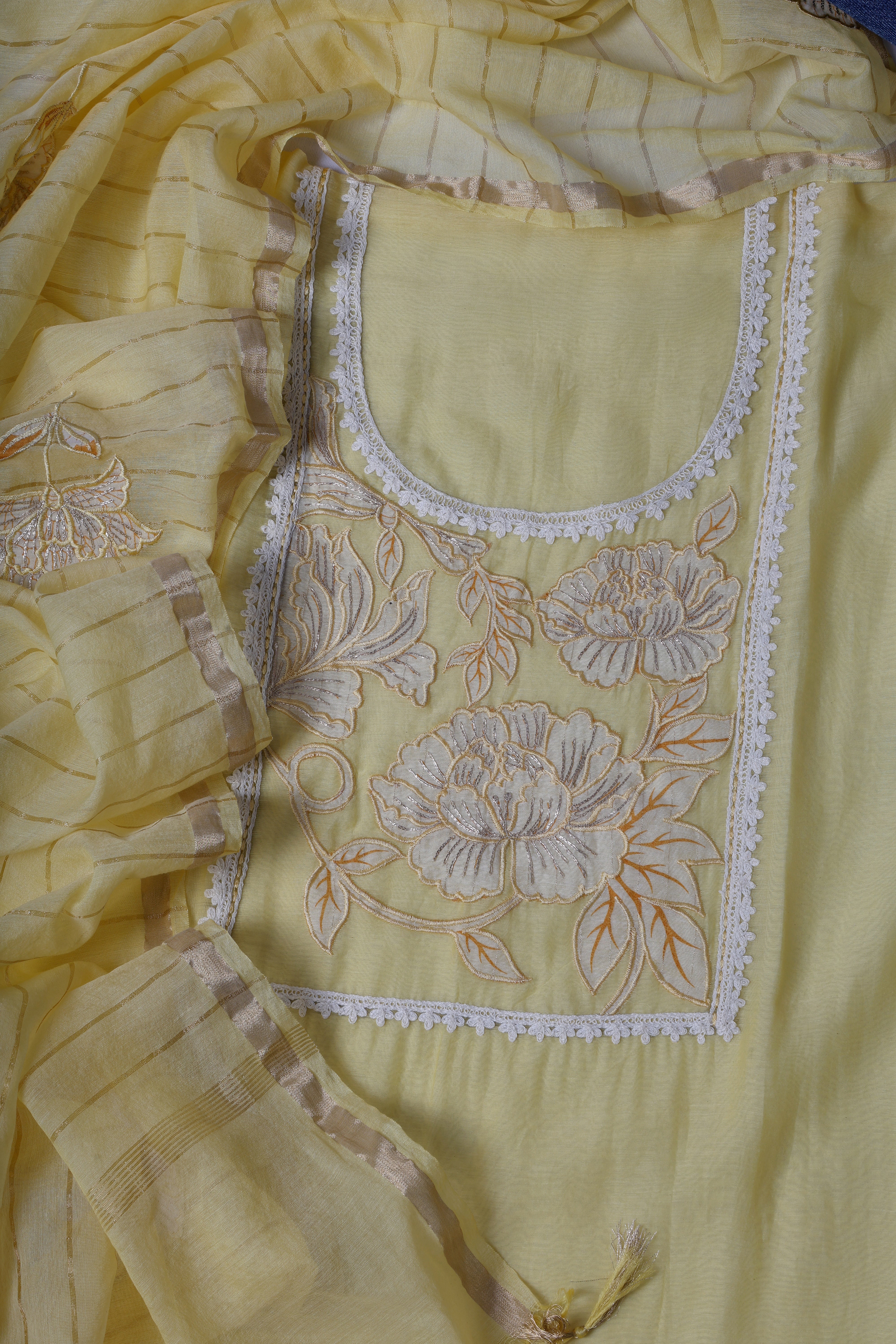 Butter Yellow Appliqué Floral Suit Set