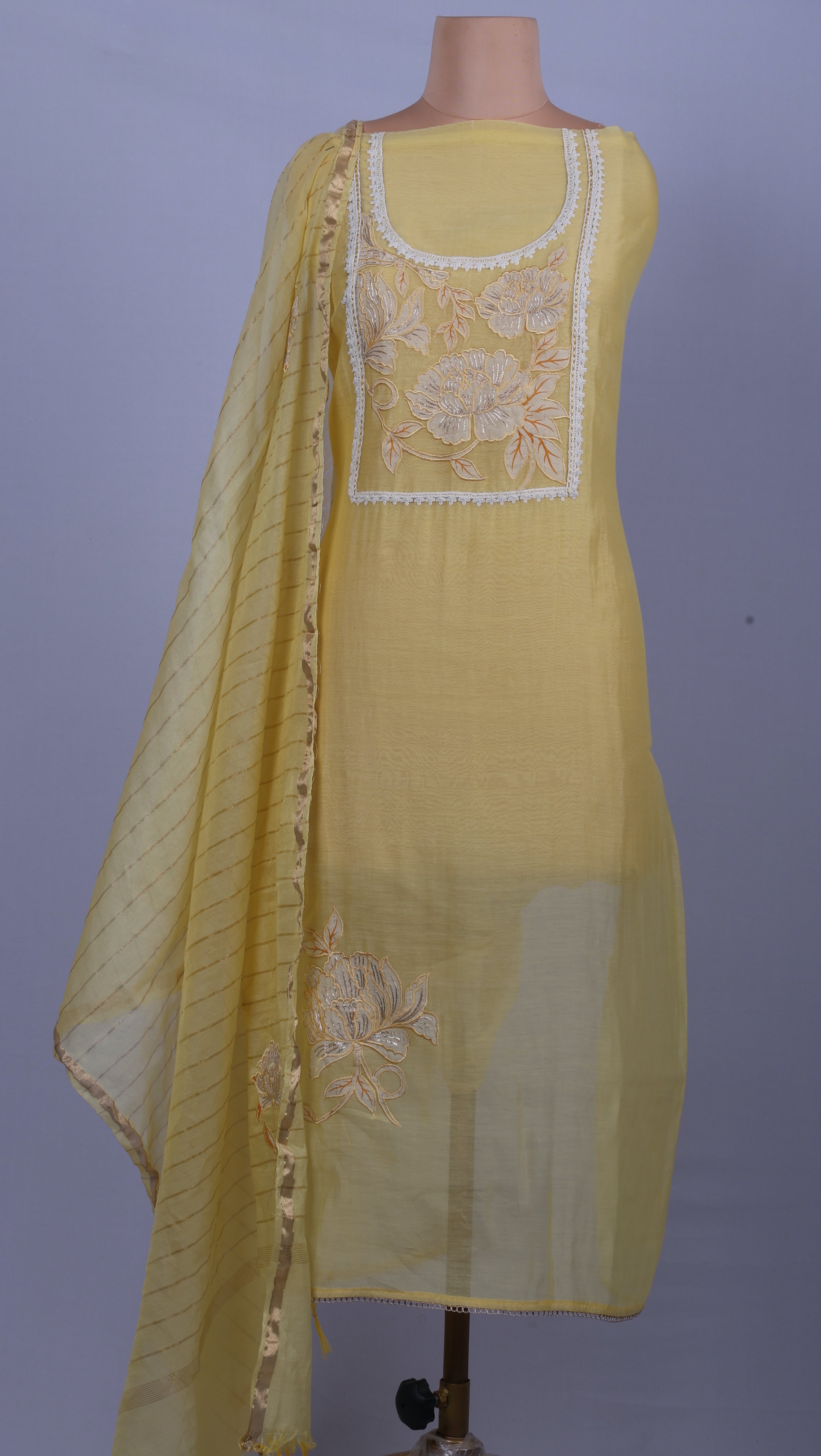 Butter Yellow Appliqué Floral Suit Set