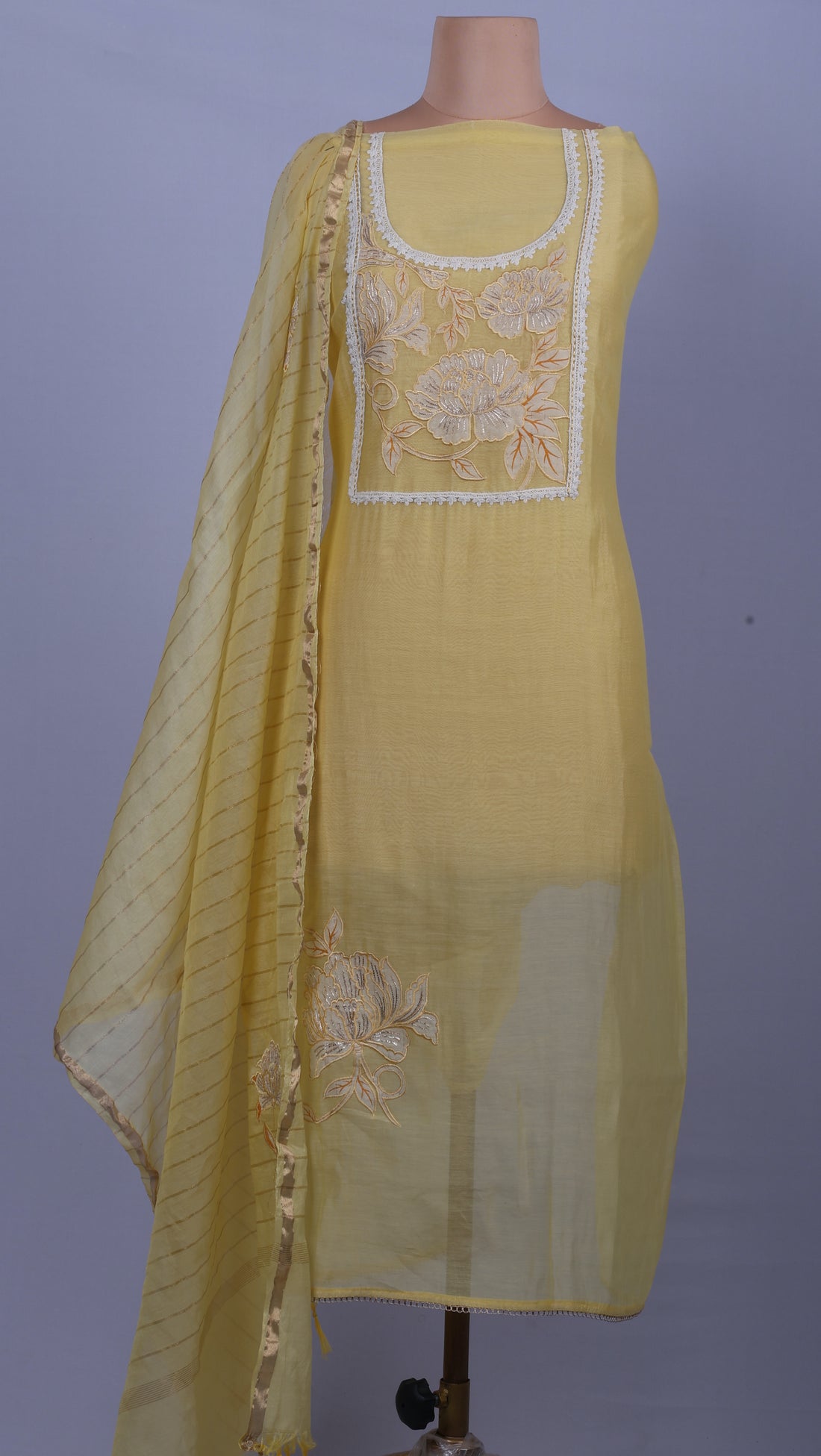 Butter Yellow Appliqué Floral Suit Set