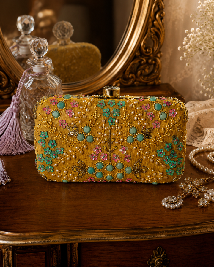Yellow Floral Embellished Clutch