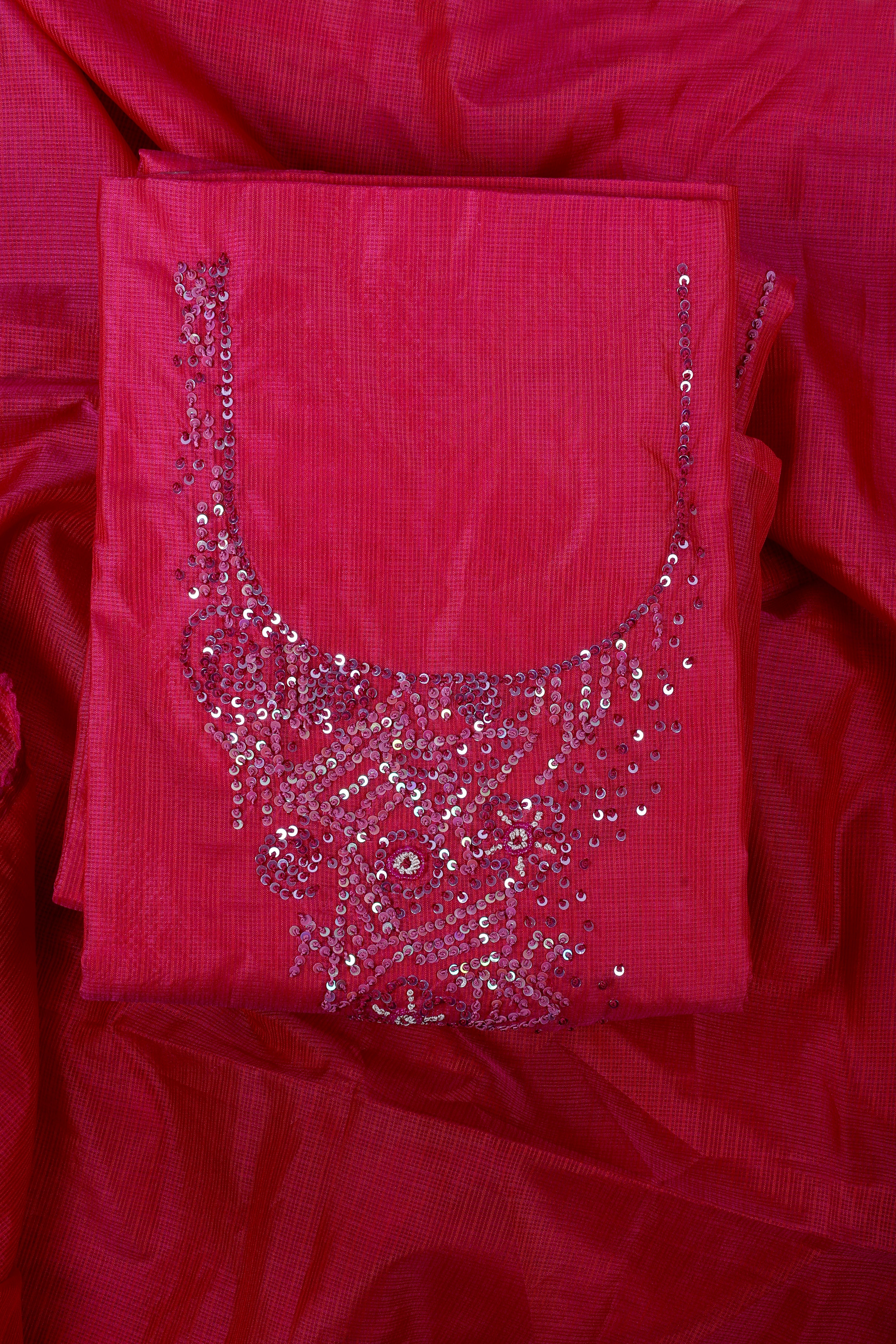 Ruby Pink Kota Silk Suit Set with Sequence & Pearl Work