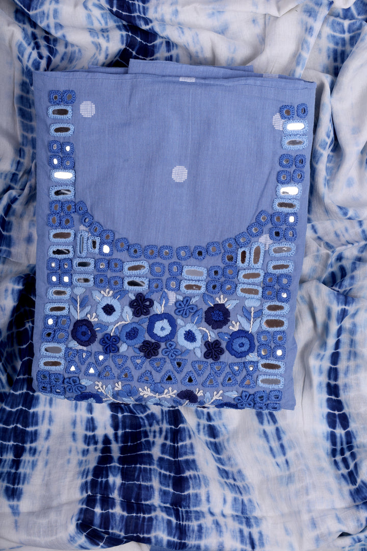 Sky Blue Linen Cotton Suit Set with Hand Thread Embroidery & Mirror Work