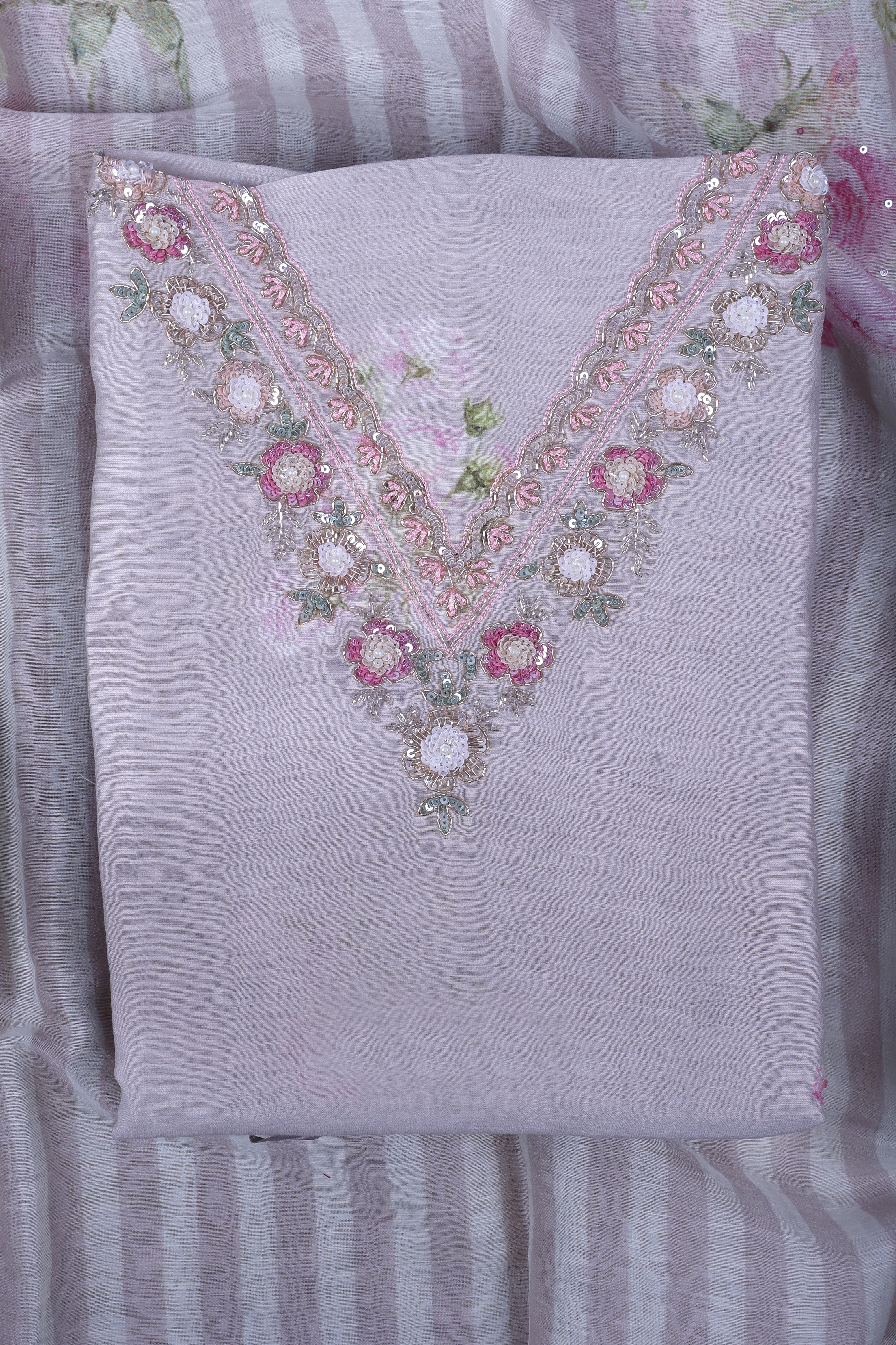 Blush Ivory Linen Silk Suit Set with Pearl & Sequin Handwork
