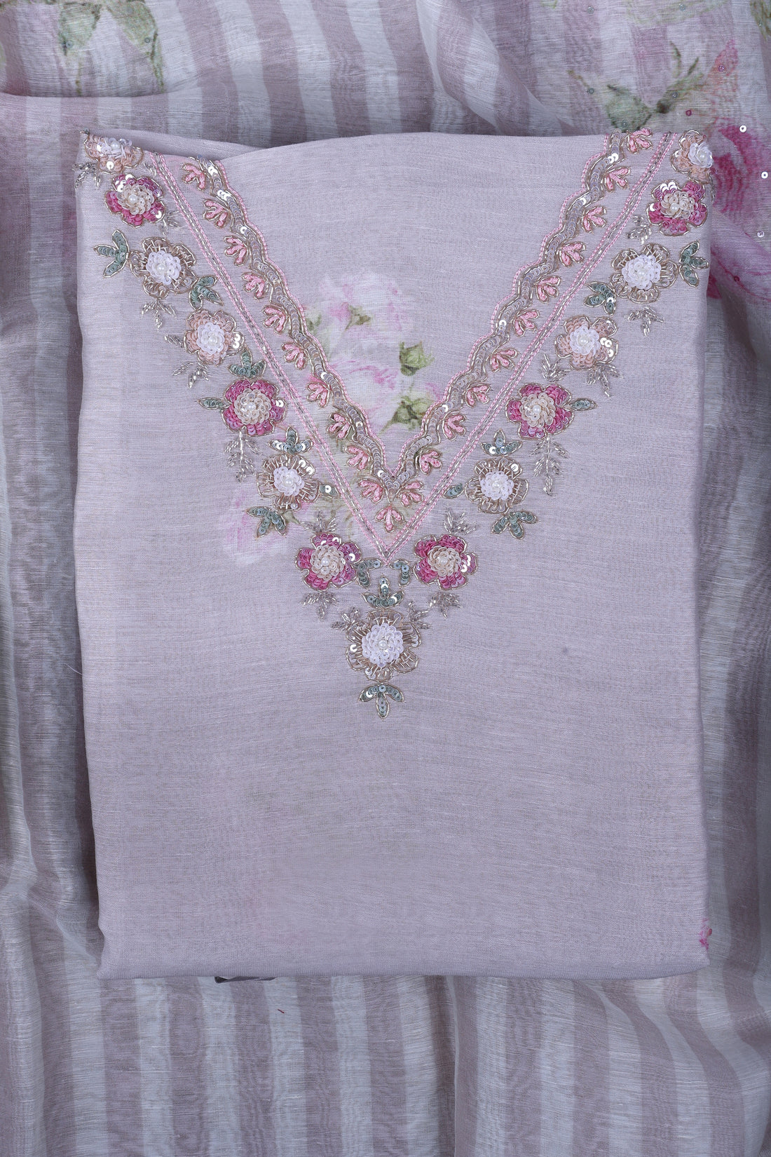Blush Ivory Linen Silk Suit Set with Pearl & Sequin Handwork