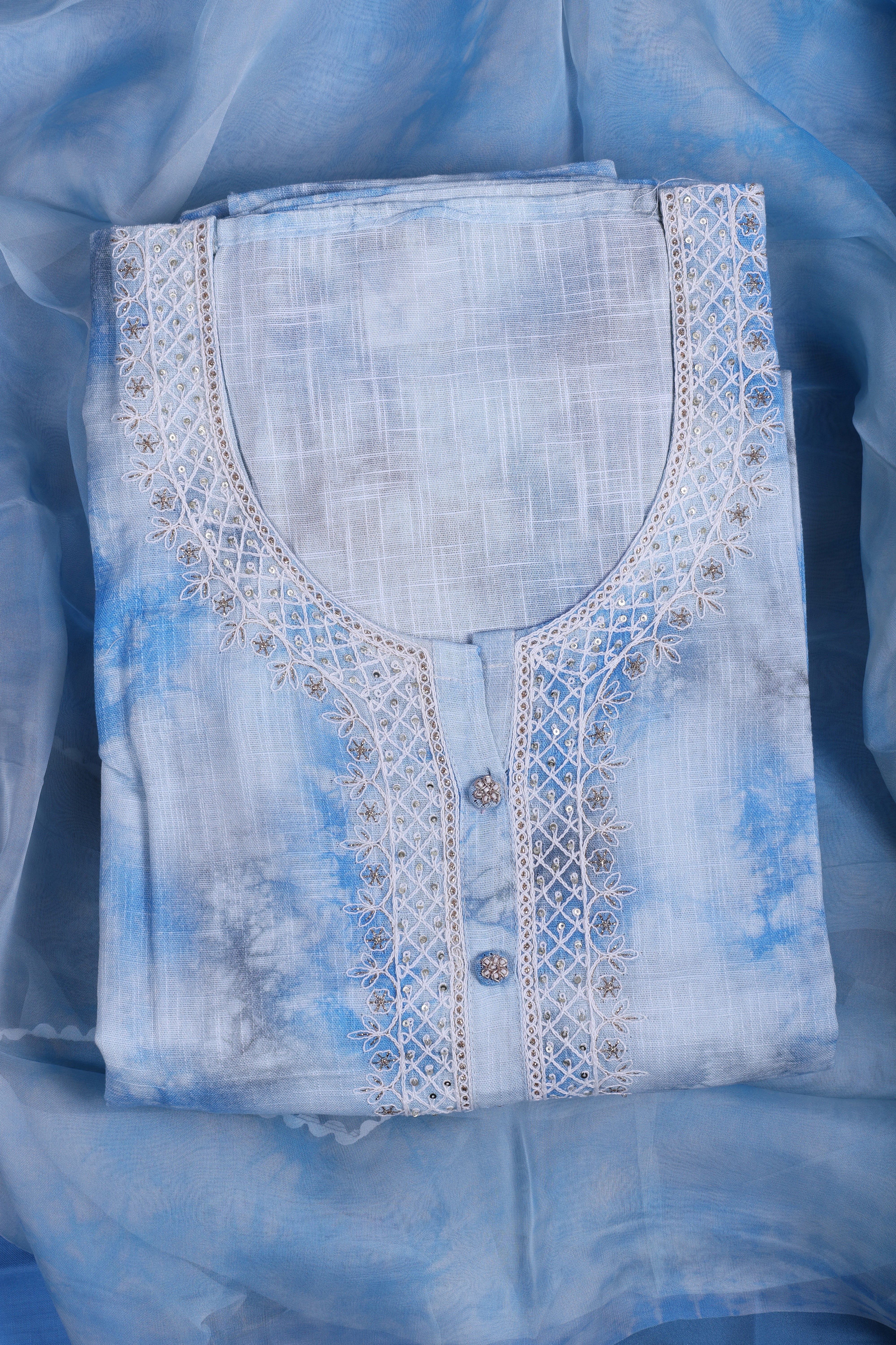 Sky Blue Linen Suit Set with Thread Embroidery & Organza Dupatta