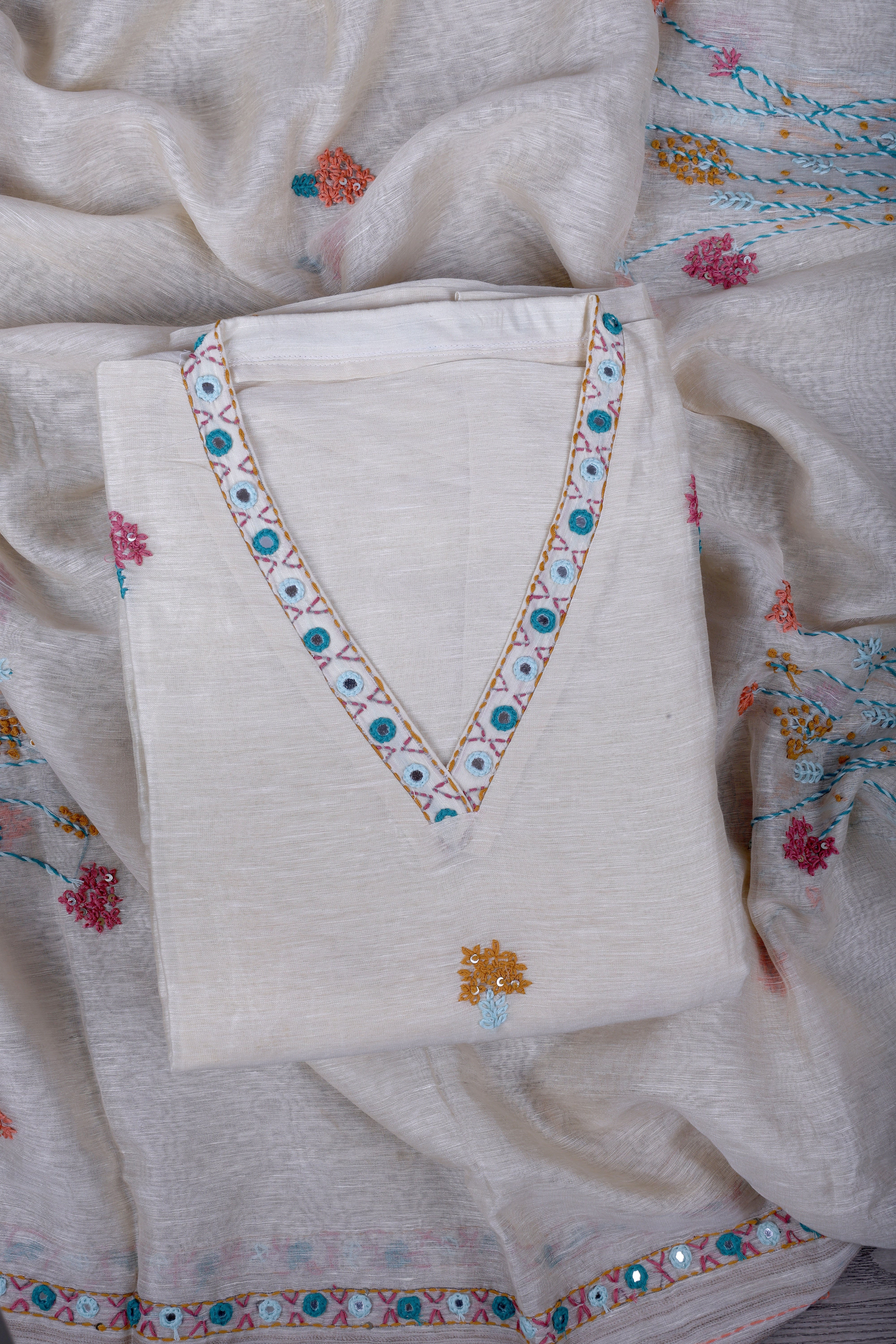 Ivory Linen Silk Suit Set with Thread & Mirror Work