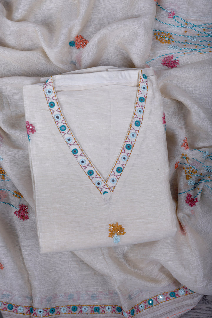 Ivory Linen Silk Suit Set with Thread & Mirror Work