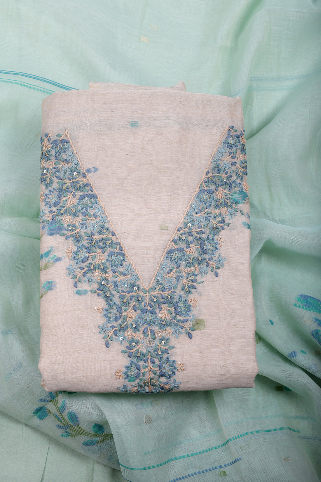 Pastel Mint Linen Suit Set with Hand Embroidery Katha Work