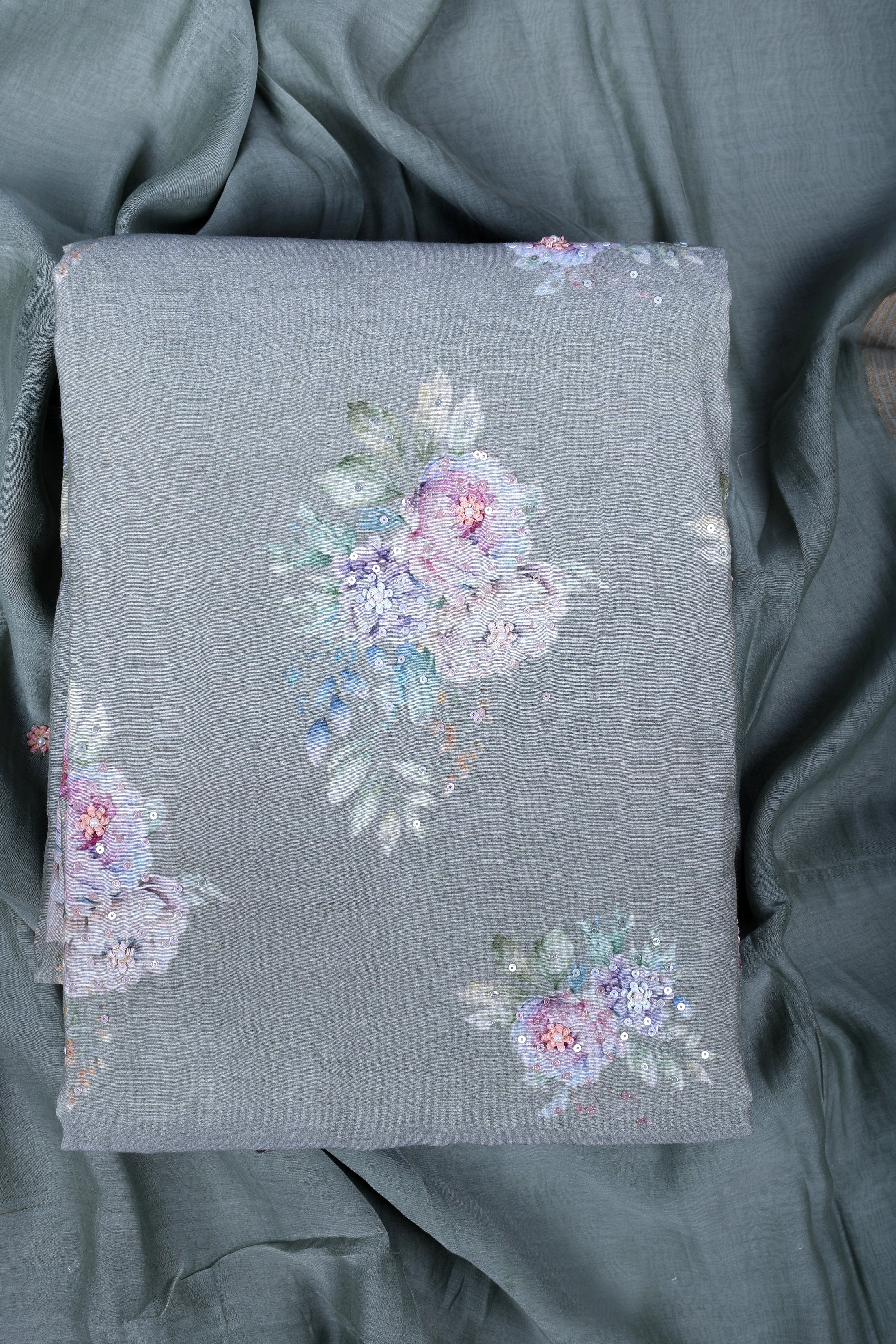 Elegant Dusty Sage Chanderi Silk Suit Set with Floral Prints & Sequin Work