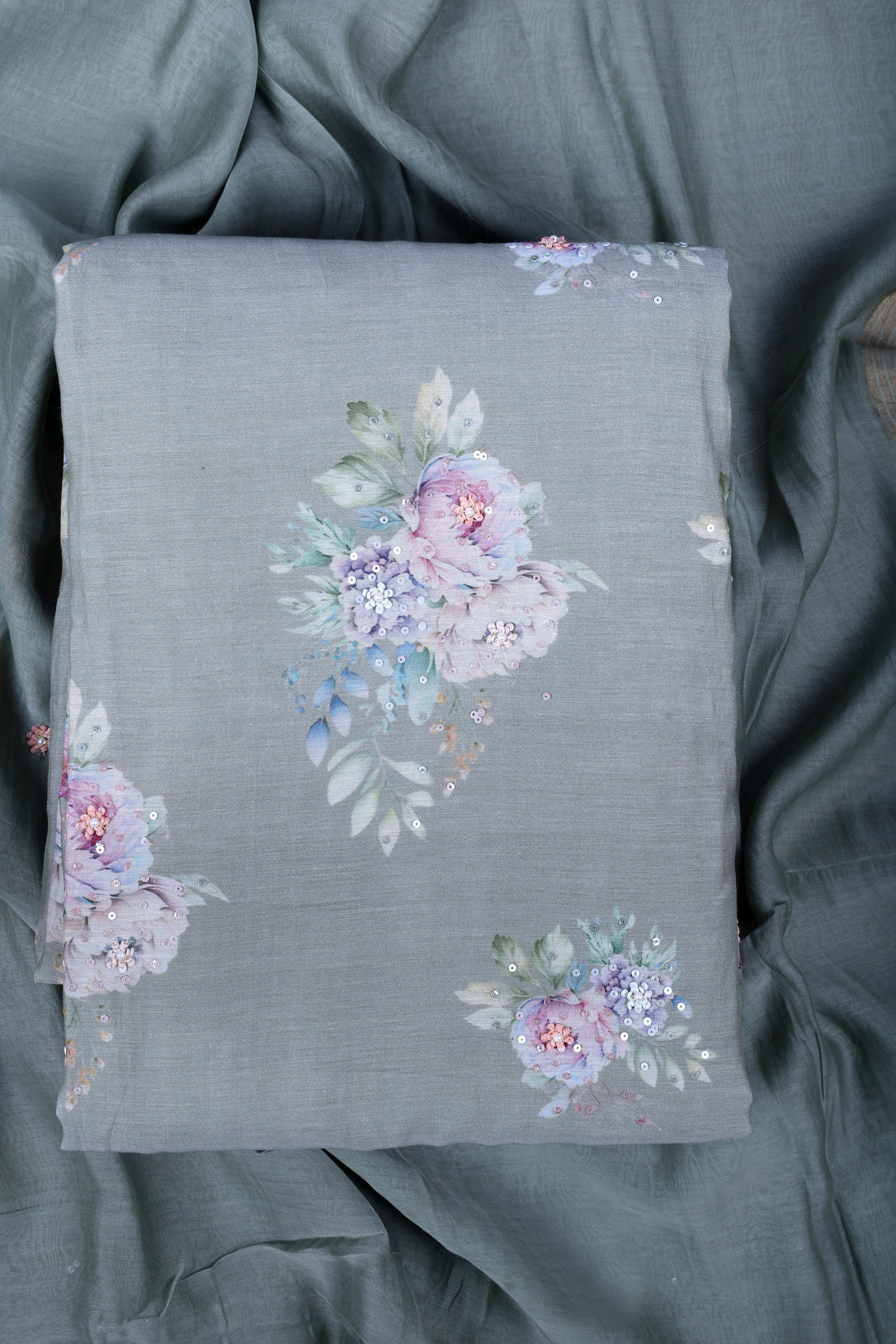Elegant Dusty Sage Chanderi Silk Suit Set with Floral Prints & Sequin Work