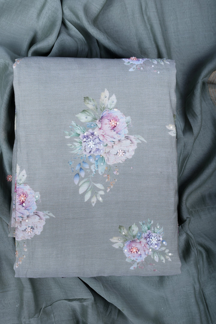 Elegant Dusty Sage Chanderi Silk Suit Set with Floral Prints & Sequin Work