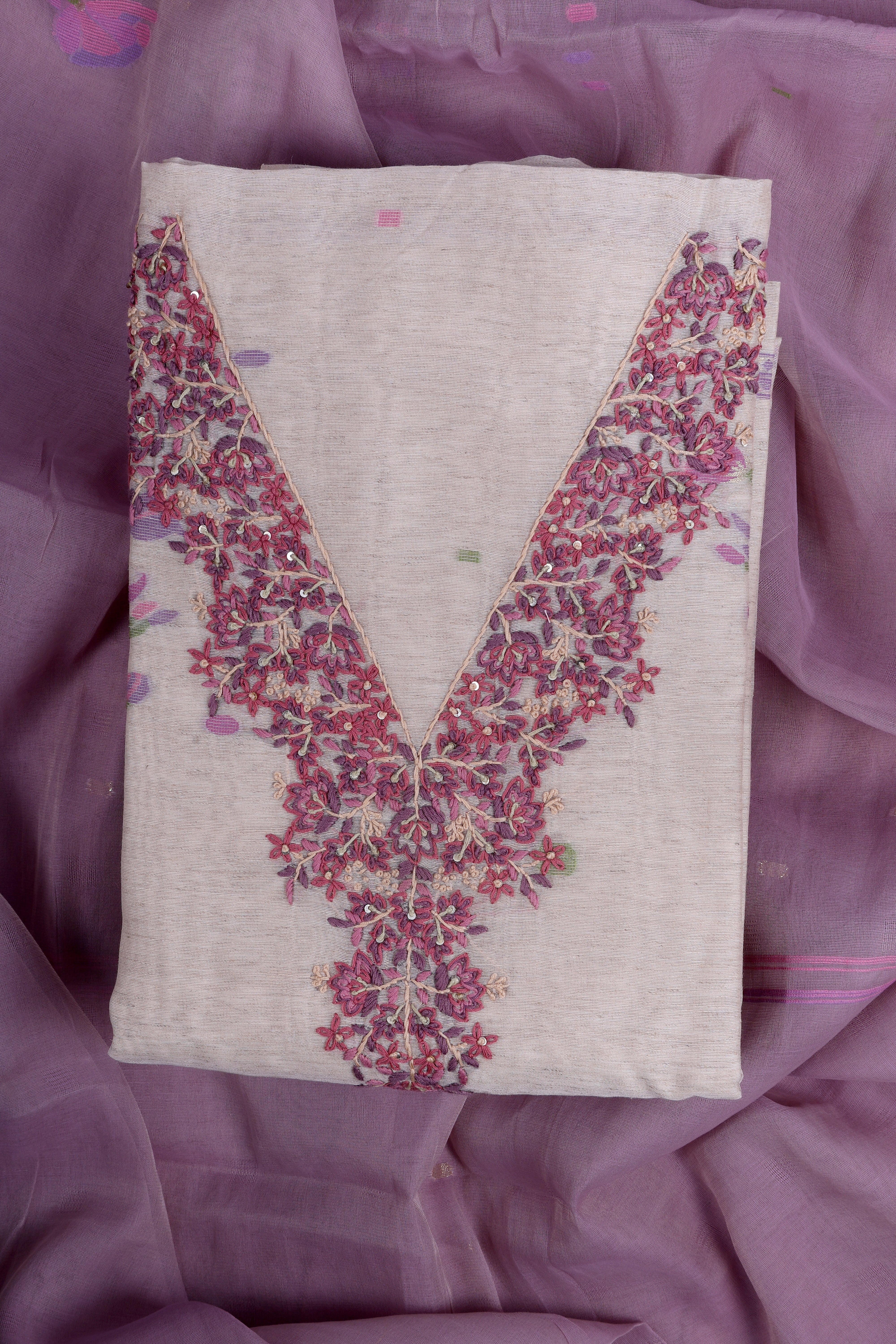 Lavender Linen Suit Set with Hand Embroidery Katha Work