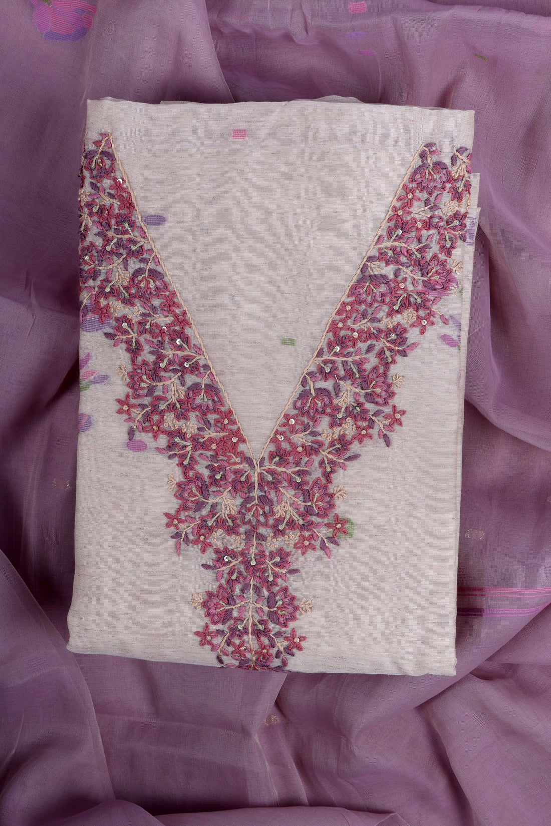 Lavender Linen Suit Set with Hand Embroidery Katha Work