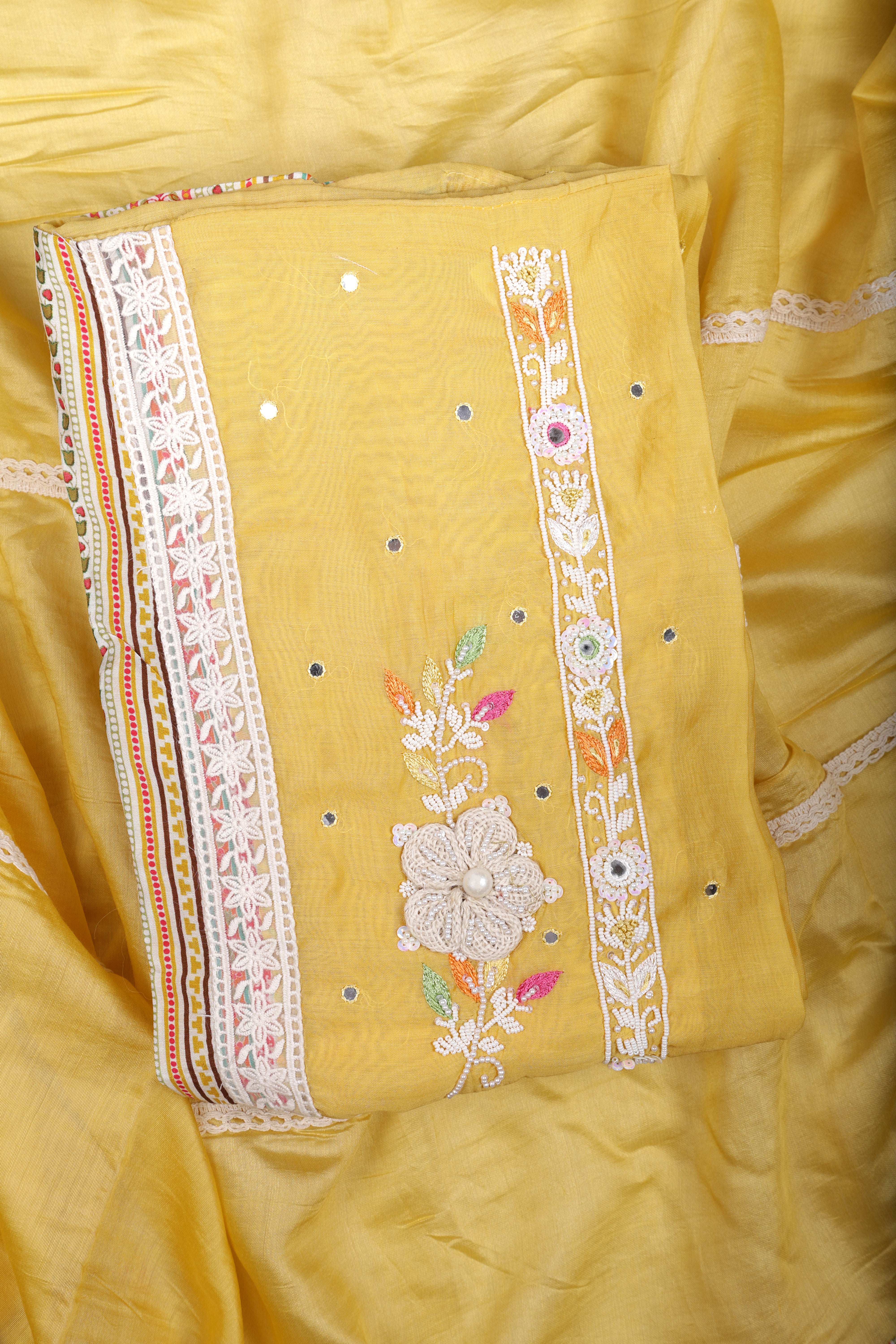 Sunshine Yellow Chanderi Silk Suit Set with Pearl & Mirror Handwork