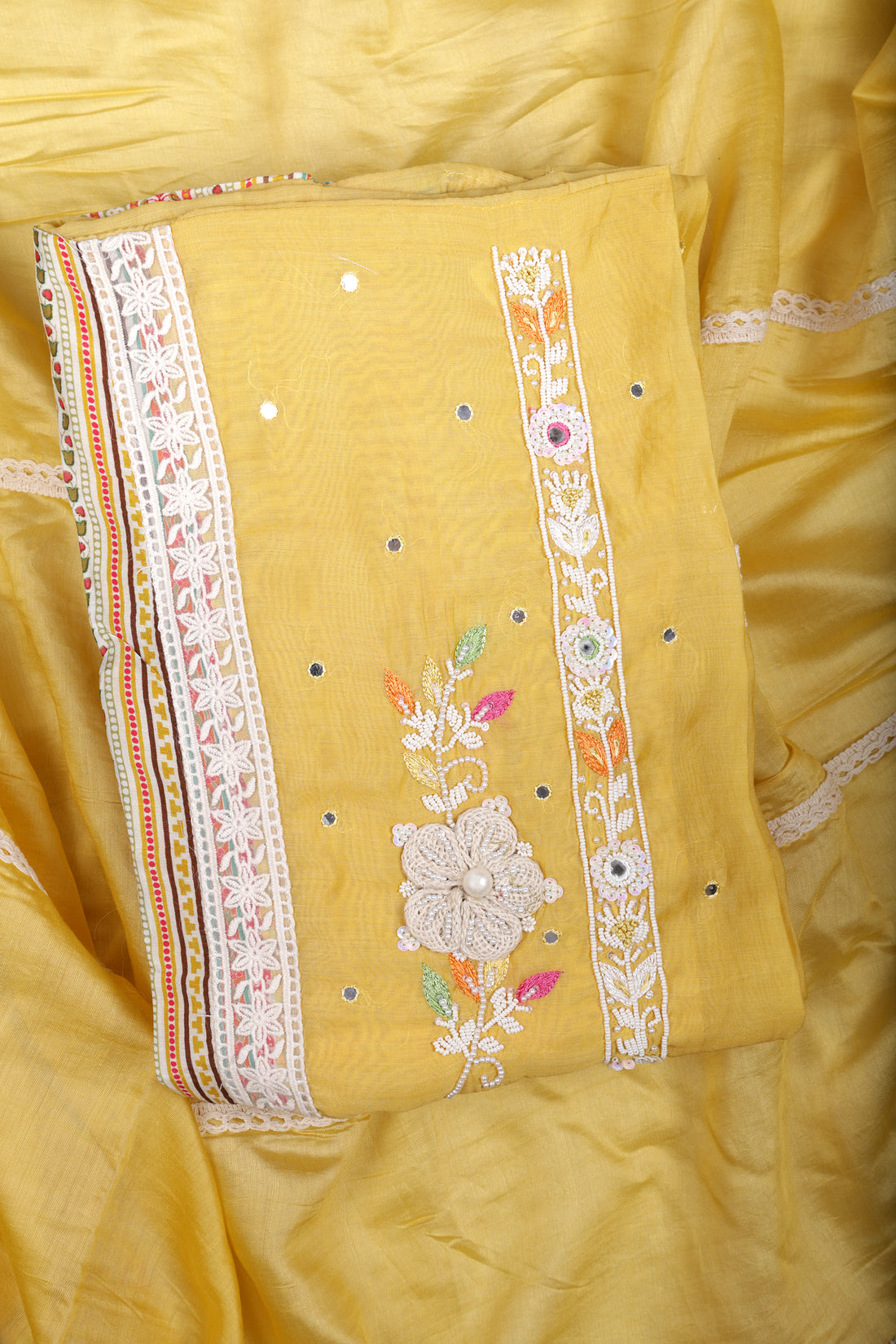 Sunshine Yellow Chanderi Silk Suit Set with Pearl & Mirror Handwork