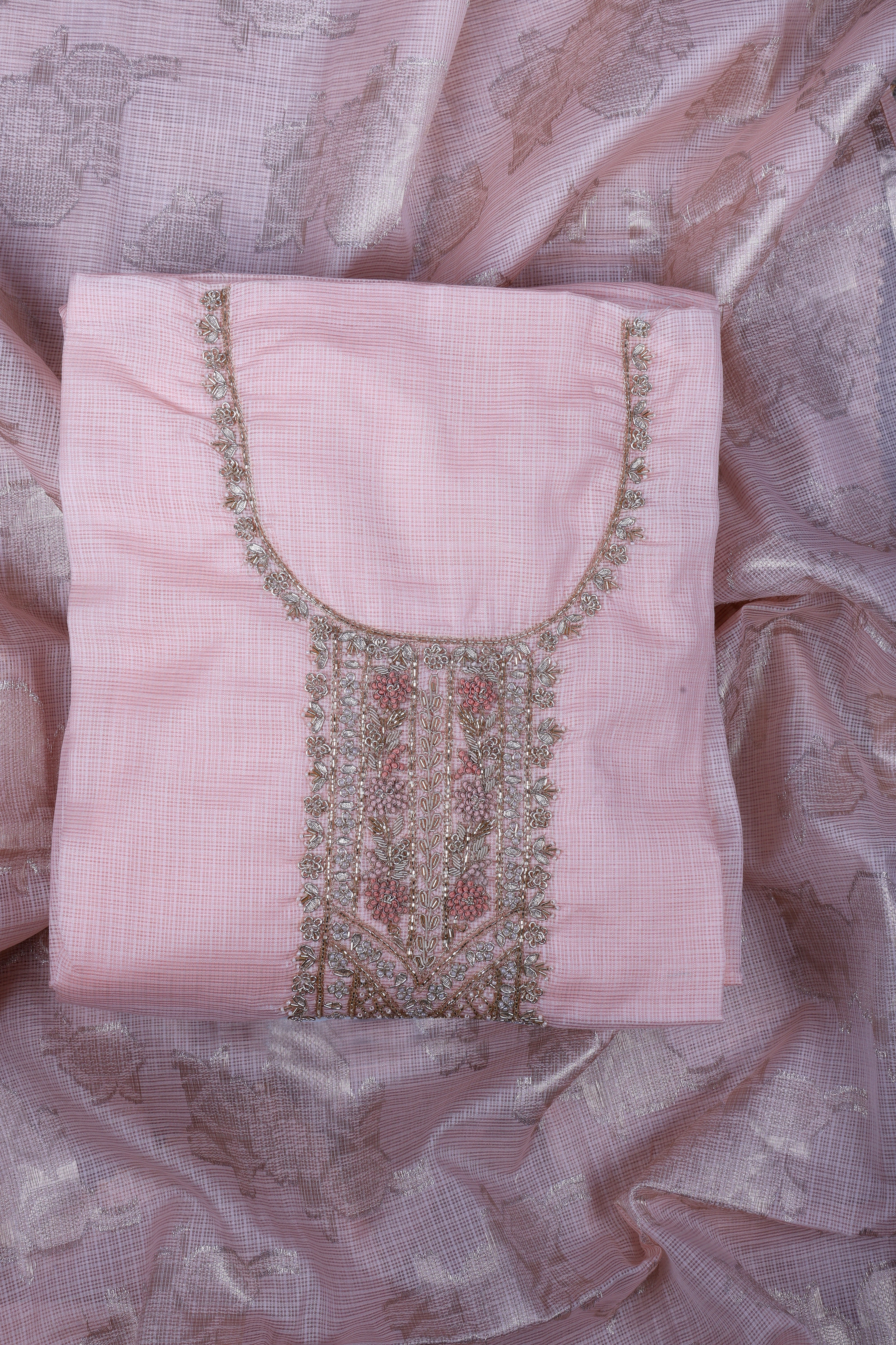 Blush Peach Kota Silk Suit Set with Zardozi Handwork