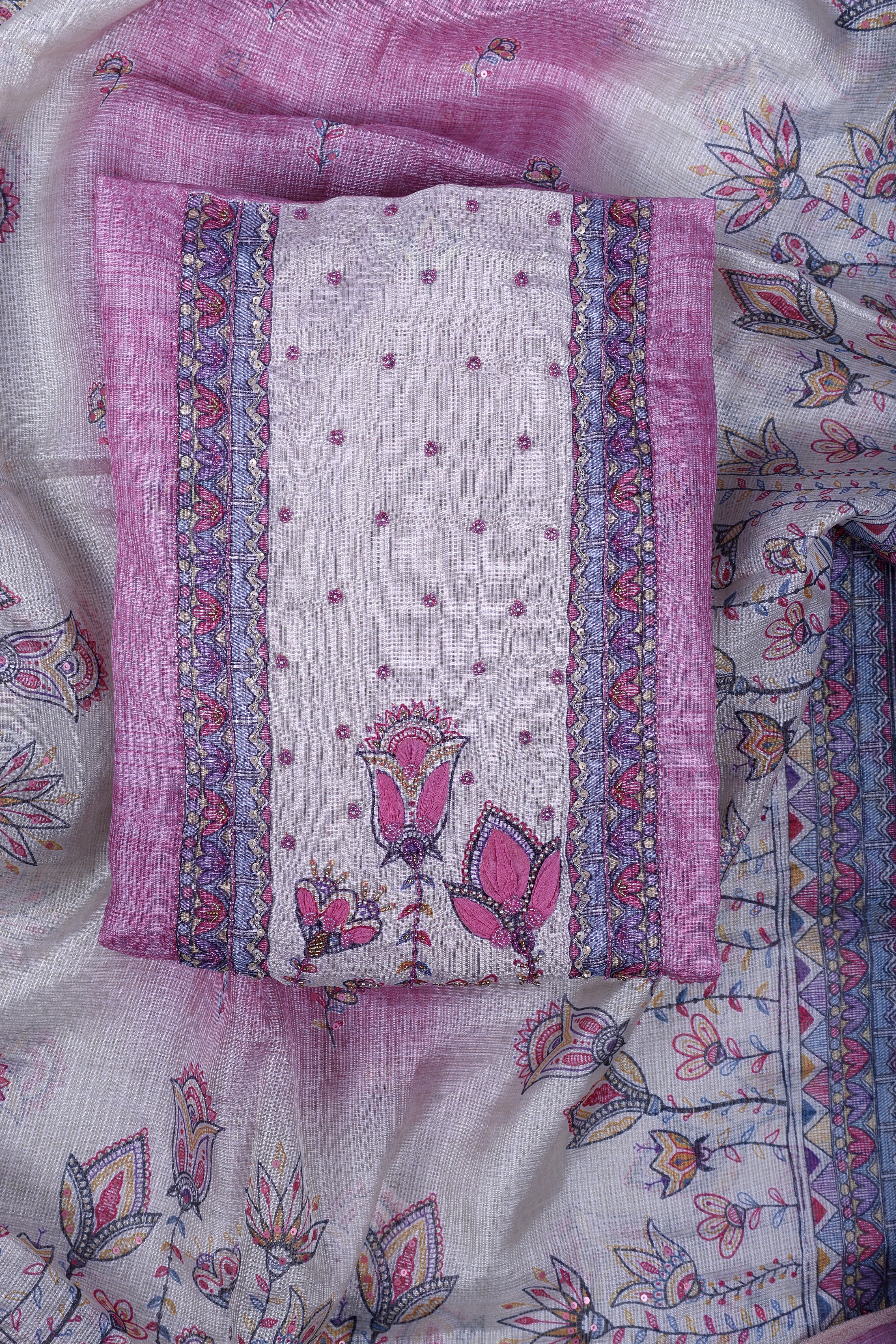 Rose Pink Kota Silk Suit Set with Pearl & Thread Work