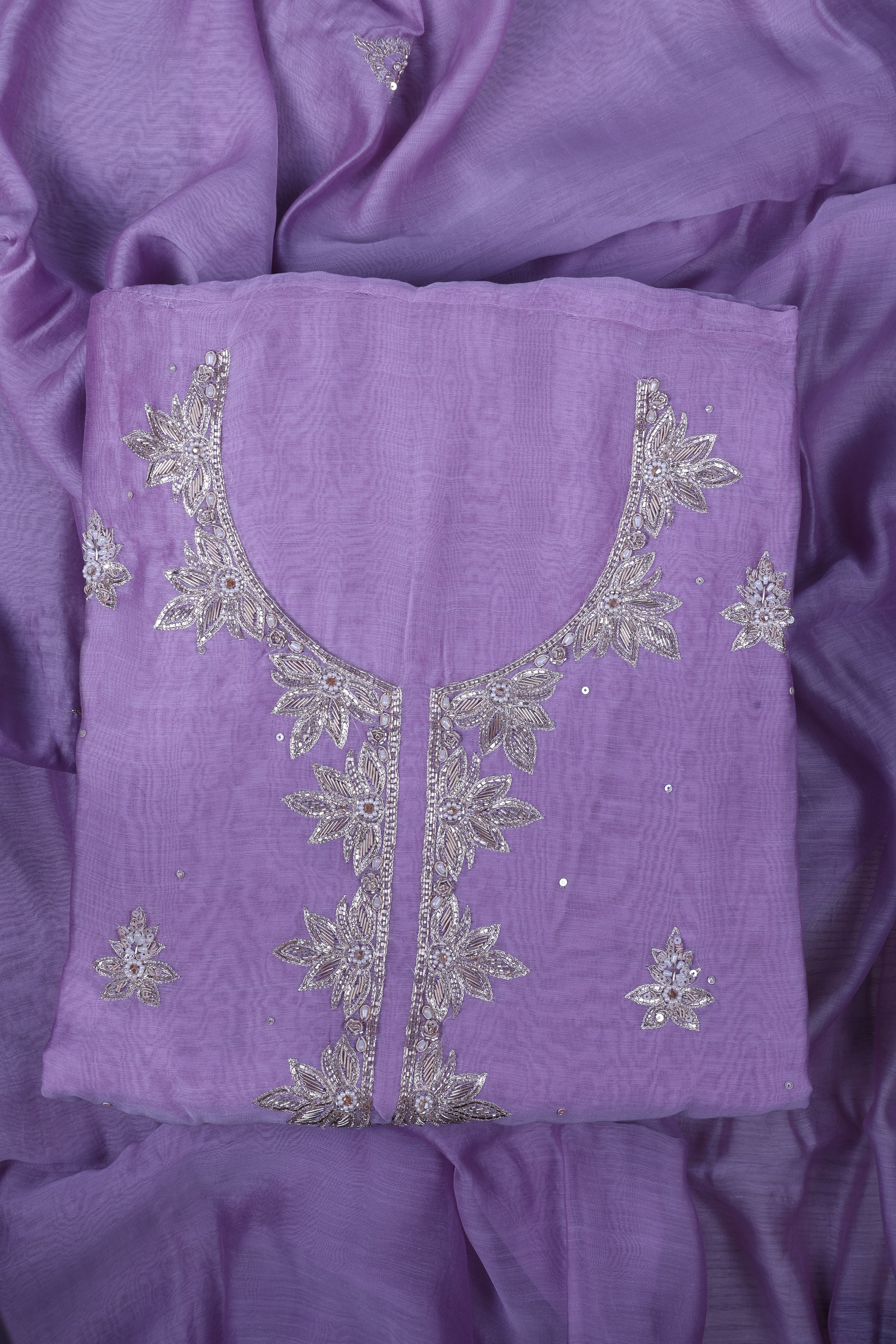 Lavender Chanderi Silk Suit Set with Pearl & Zardozi Handwork