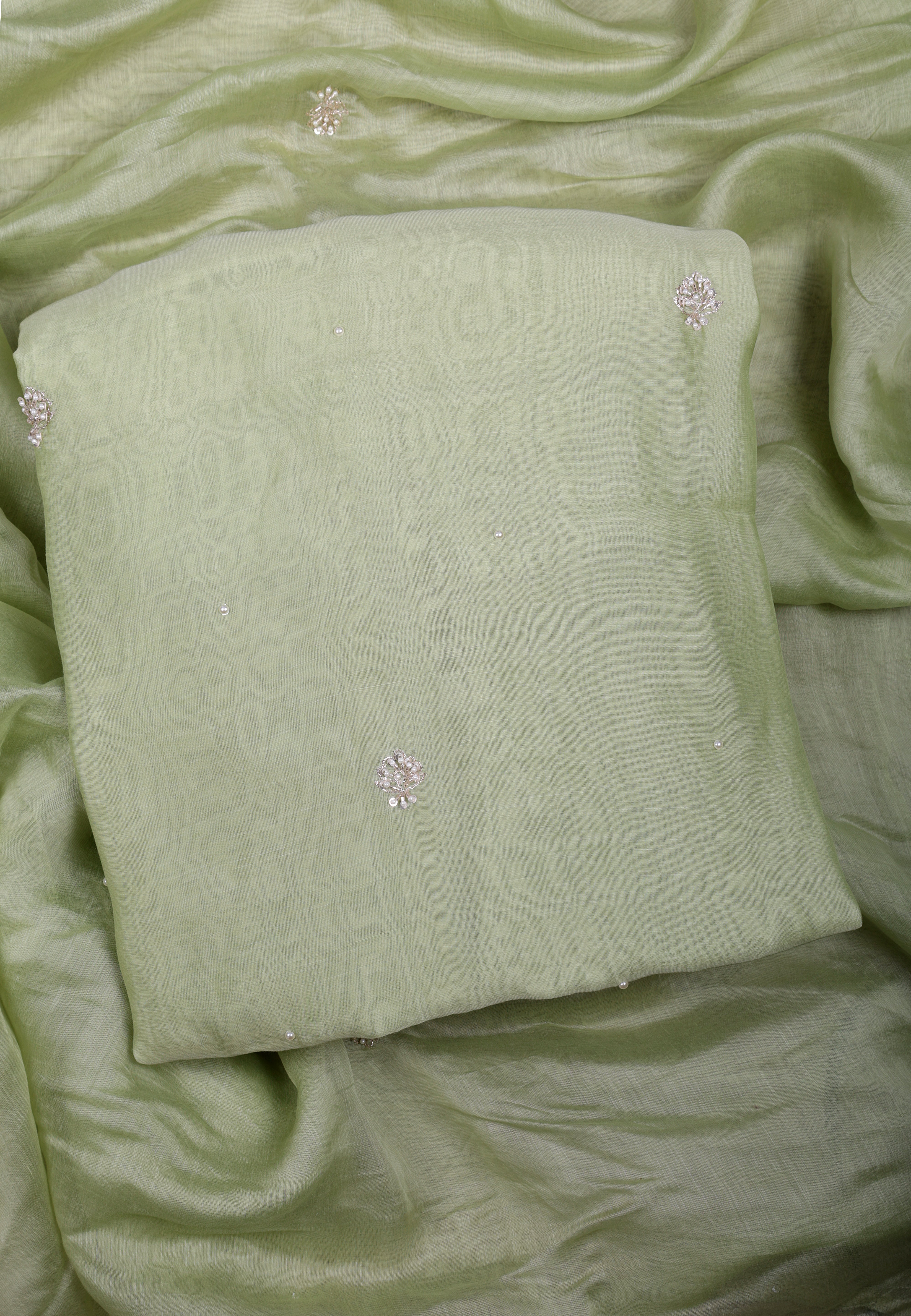 Pastel Green Organza Silk Suit Set with Heavy Hand Embroidery