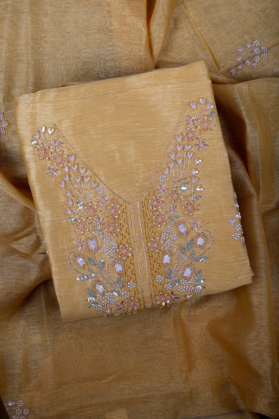 Luxury Mustard Linen Silk Suit Set with Pure Handcrafted Embroidery