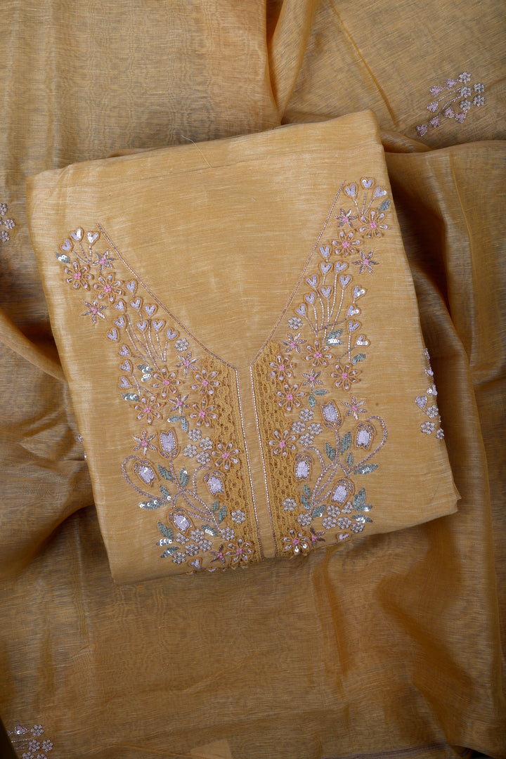Luxury Mustard Linen Silk Suit Set with Pure Handcrafted Embroidery