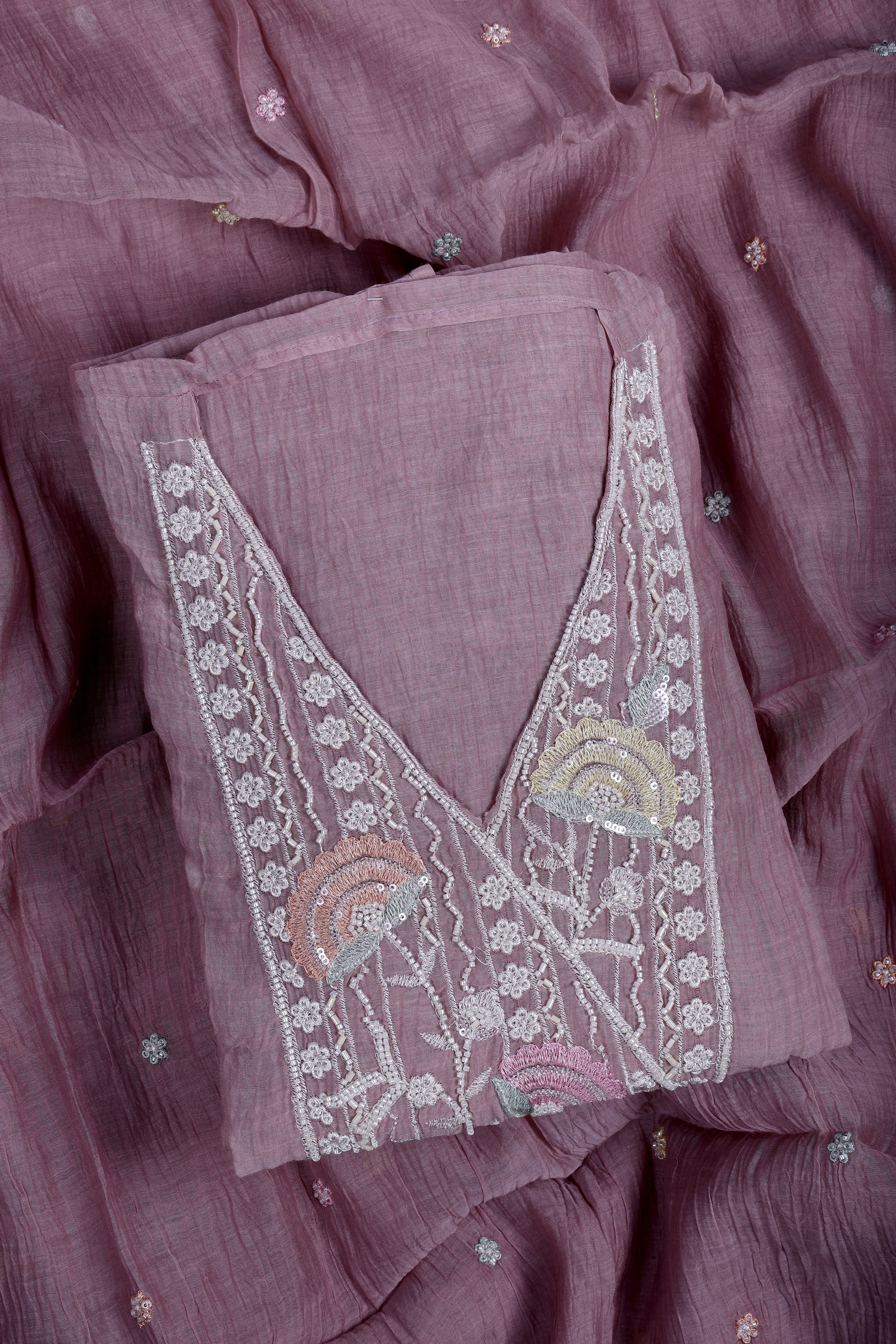 Dusty Mauve Mul Chanderi Suit Set with Handwork & Katdana Detailing