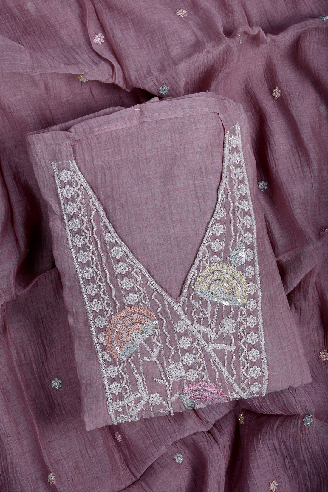 Dusty Mauve Mul Chanderi Suit Set with Handwork & Katdana Detailing