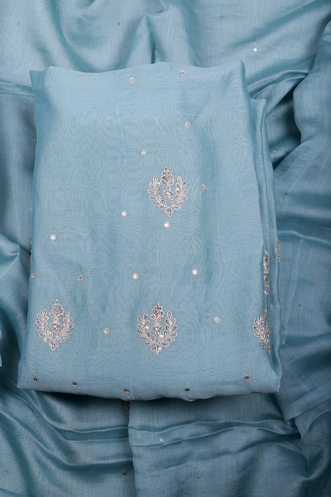 Sky Blue Chanderi Silk Suit Set with Zari & Zardozi Work