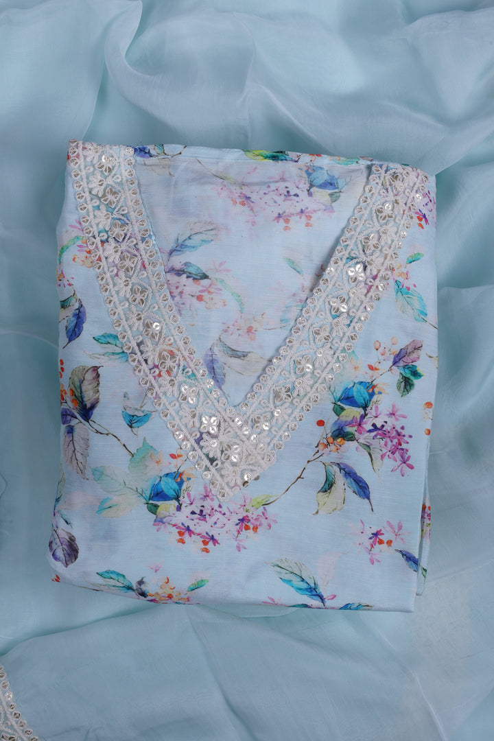 Powder Blue Linen Suit Set with Floral Print & Organza Dupatta