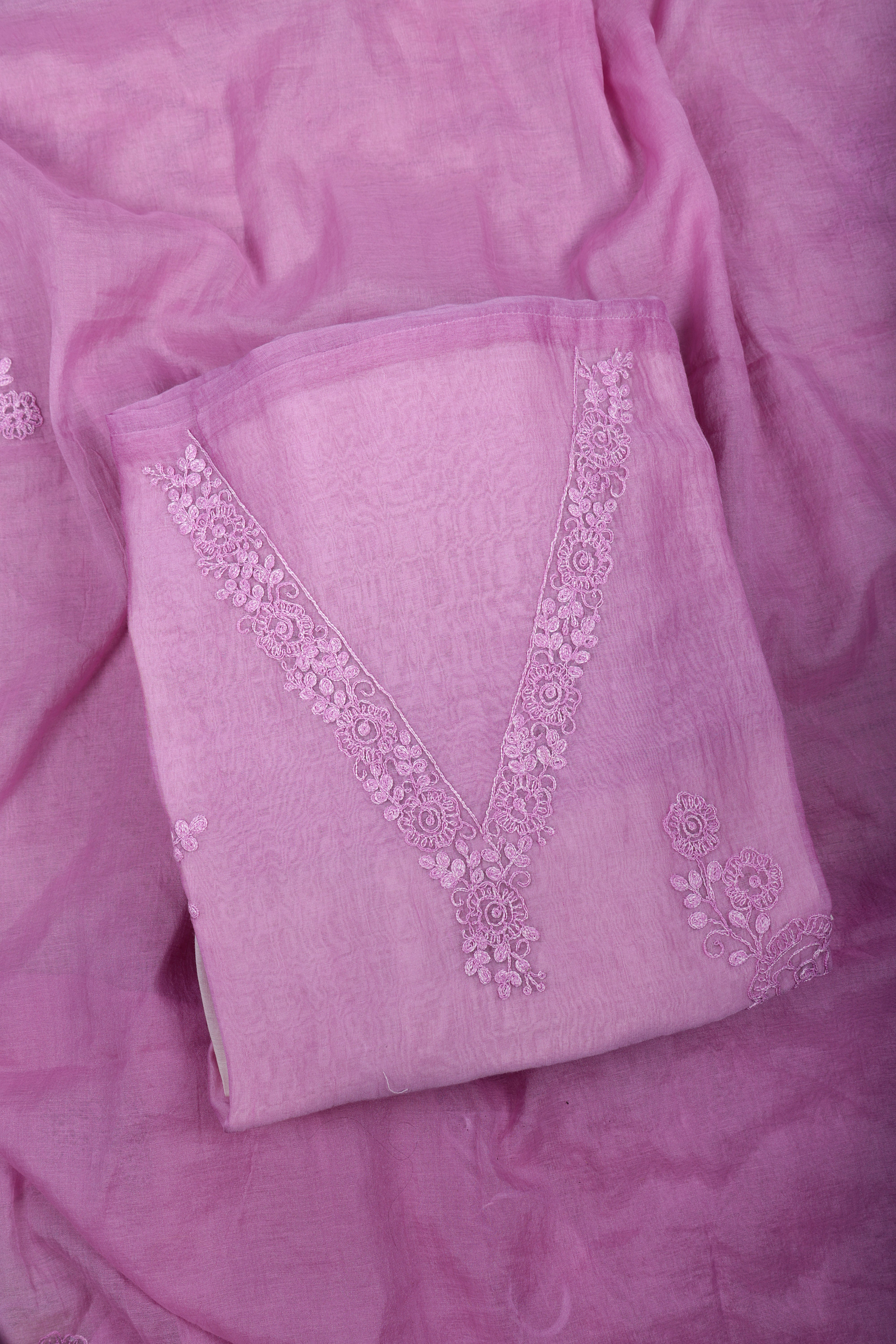 Pink Ombre Chanderi Suit Set with Delicate Thread Embroidery