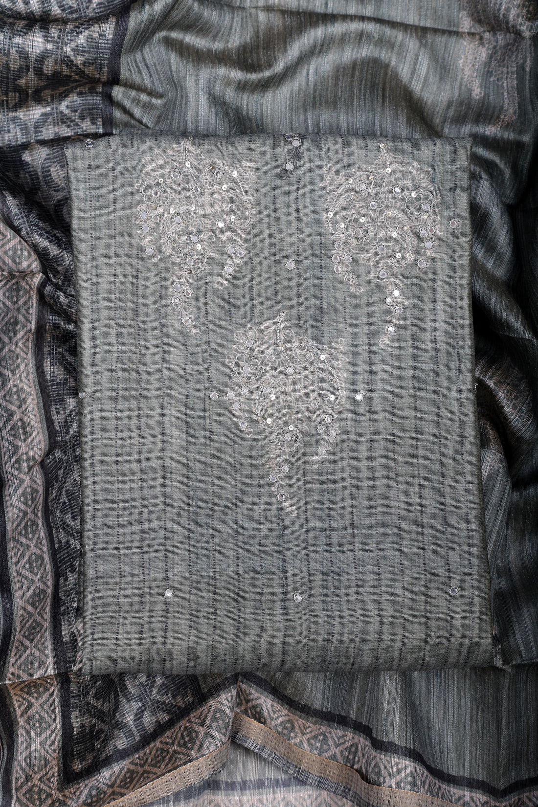 Elegant Grey Handloom Silk Suit Set