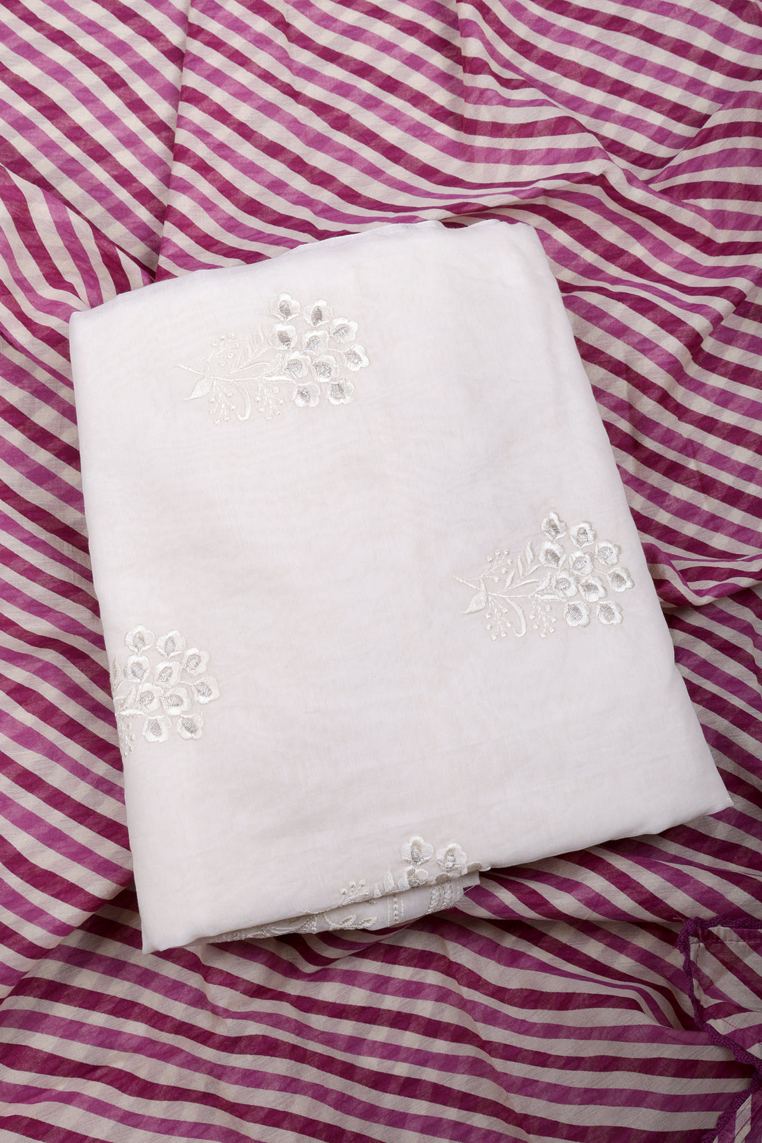 Ivory Mul Chanderi Suit Set with Berry Striped Dupatta