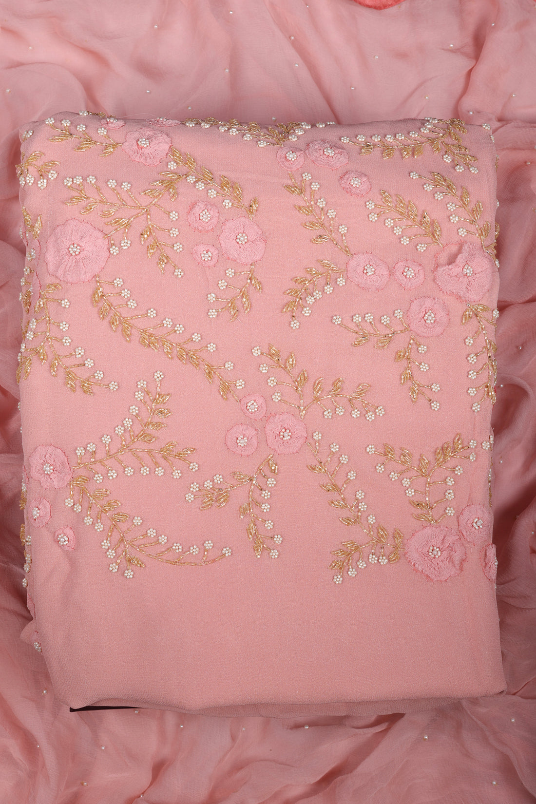 Blush Pink Pure Crepe Suit Set with Pearl Handcrafted Thread Work