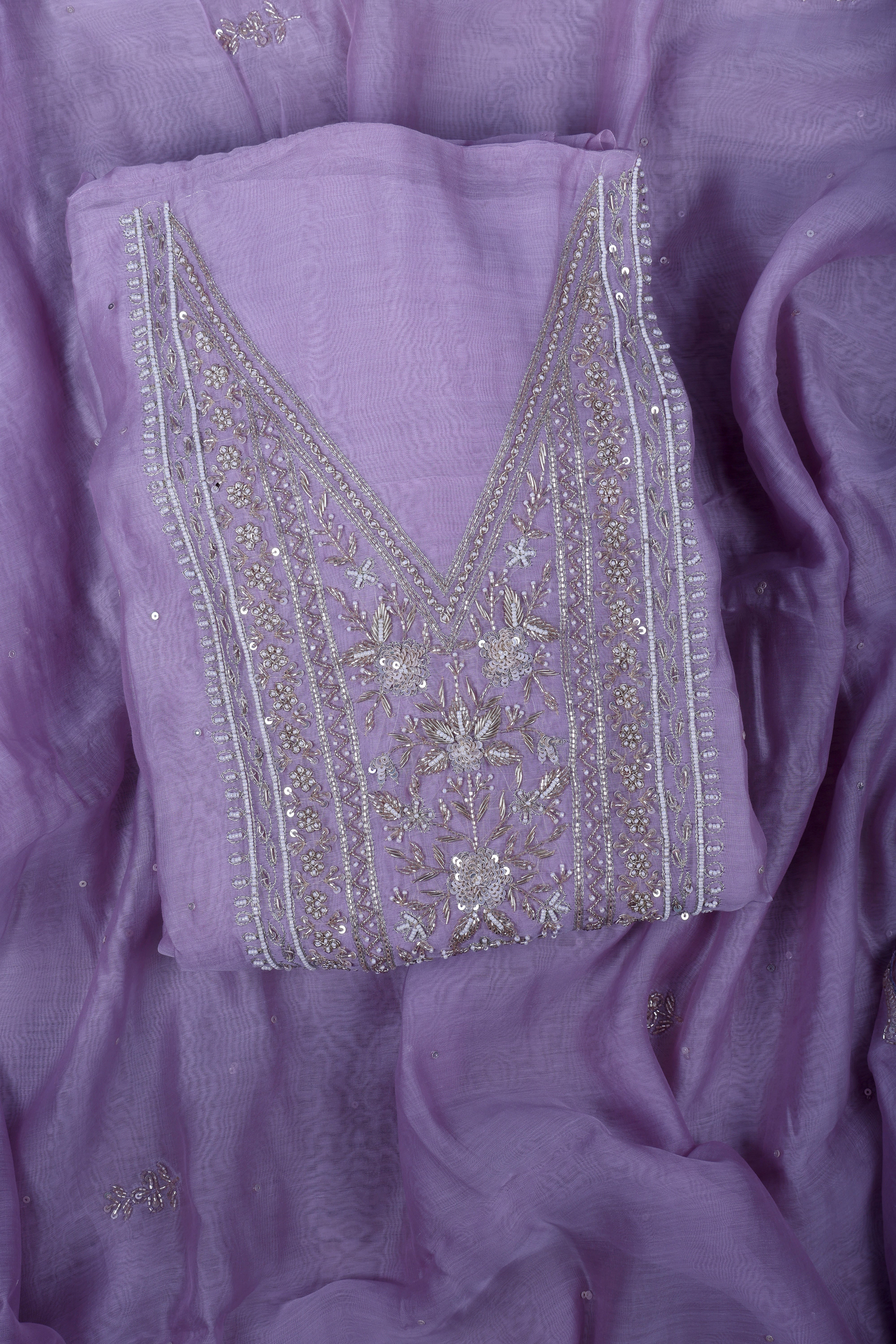 Lavender Chanderi Silk Suit Set with Pearl, Mirror & Zardozi Handwork