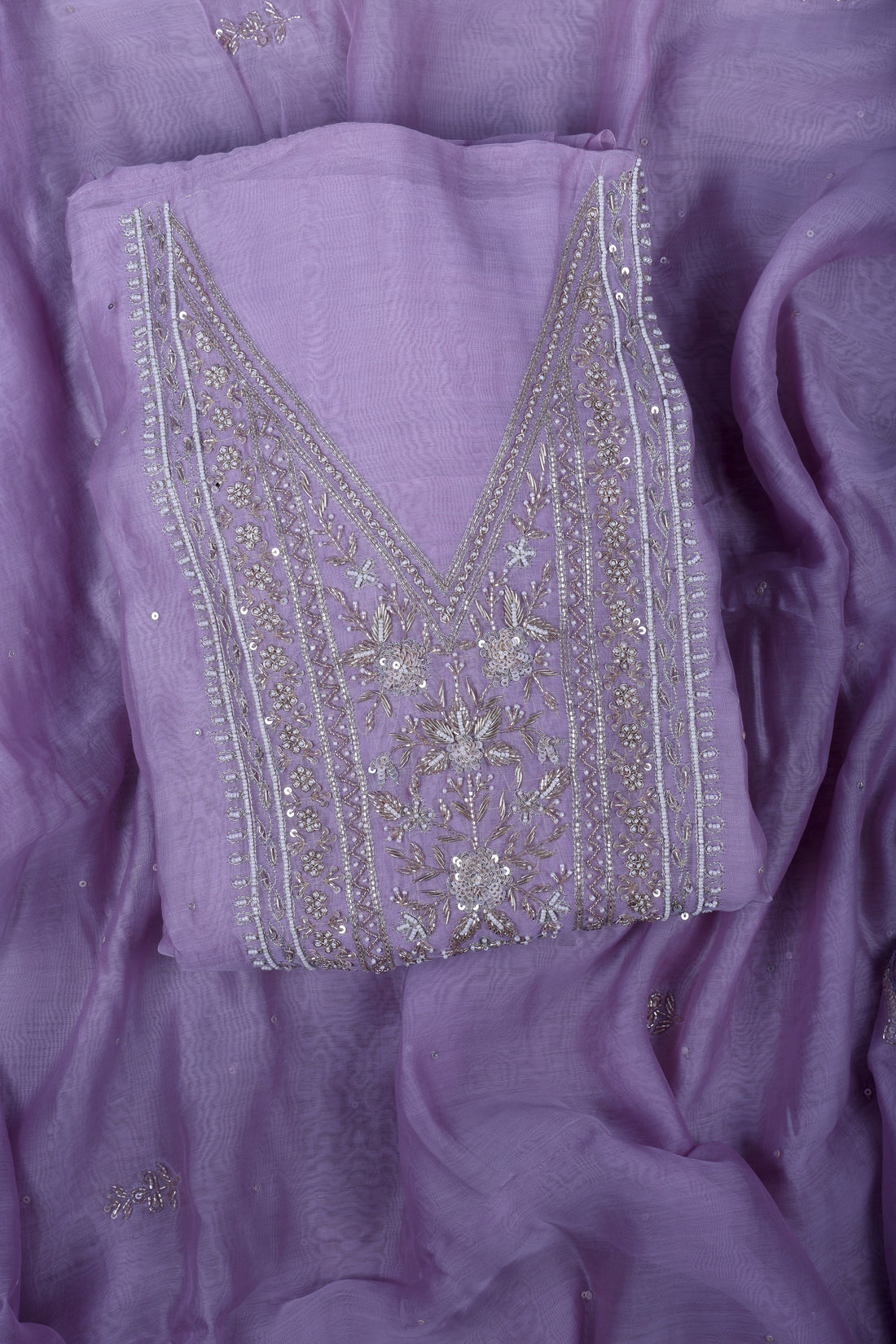 Lavender Chanderi Silk Suit Set with Pearl, Mirror & Zardozi Handwork
