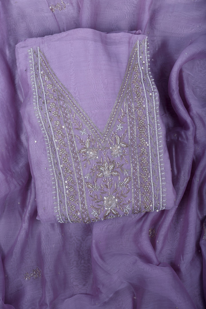 Lavender Chanderi Silk Suit Set with Pearl, Mirror & Zardozi Handwork