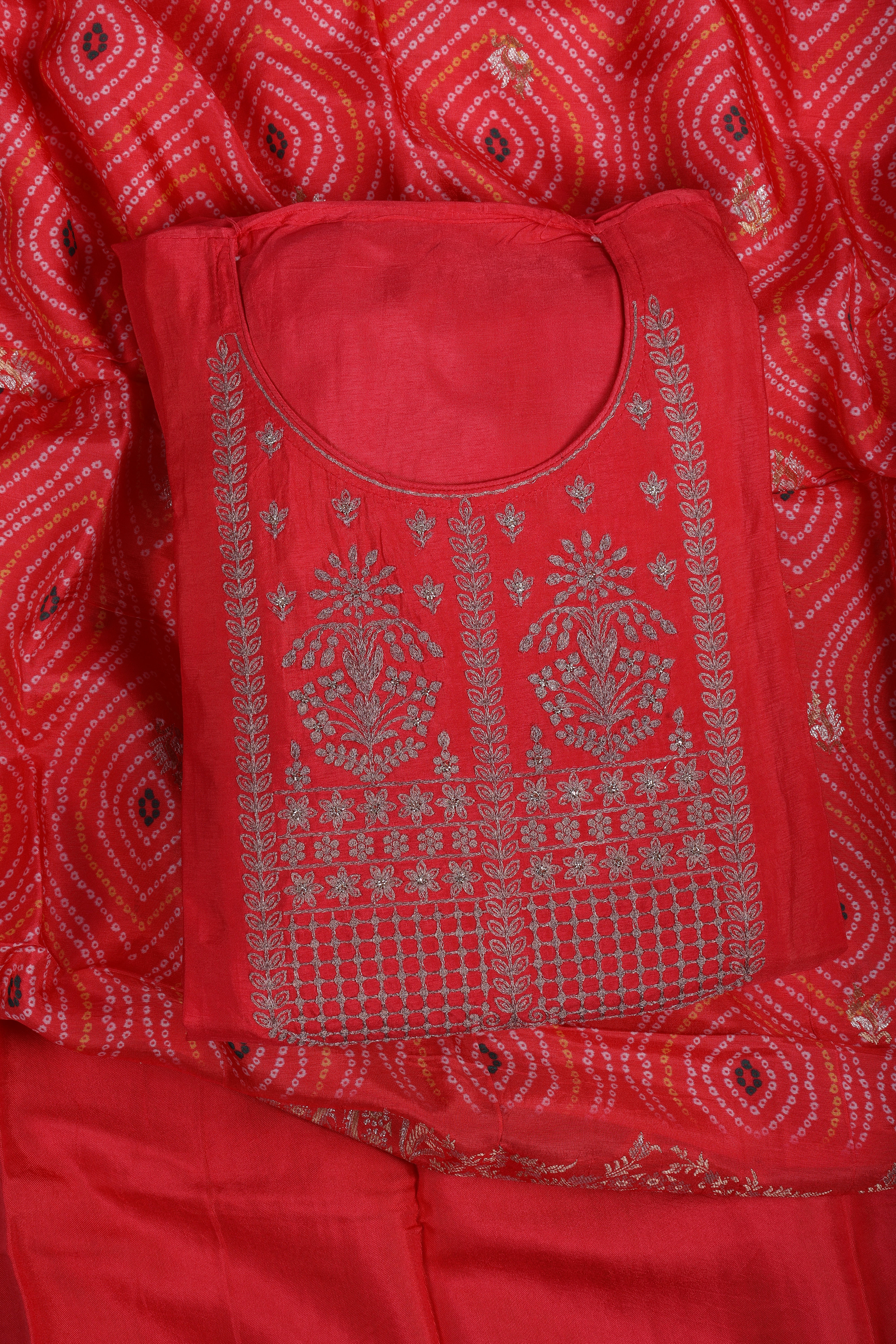 Coral Red Crepe Suit Set with Zari Work & Zari Border Dupatta
