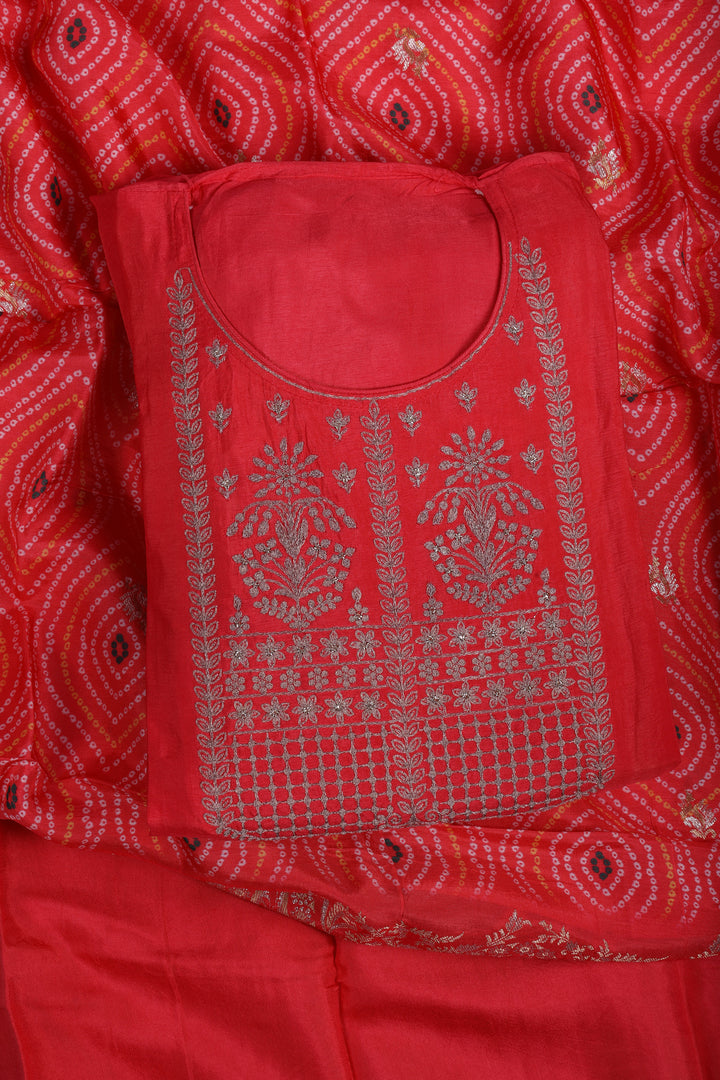 Coral Red Crepe Suit Set with Zari Work & Zari Border Dupatta