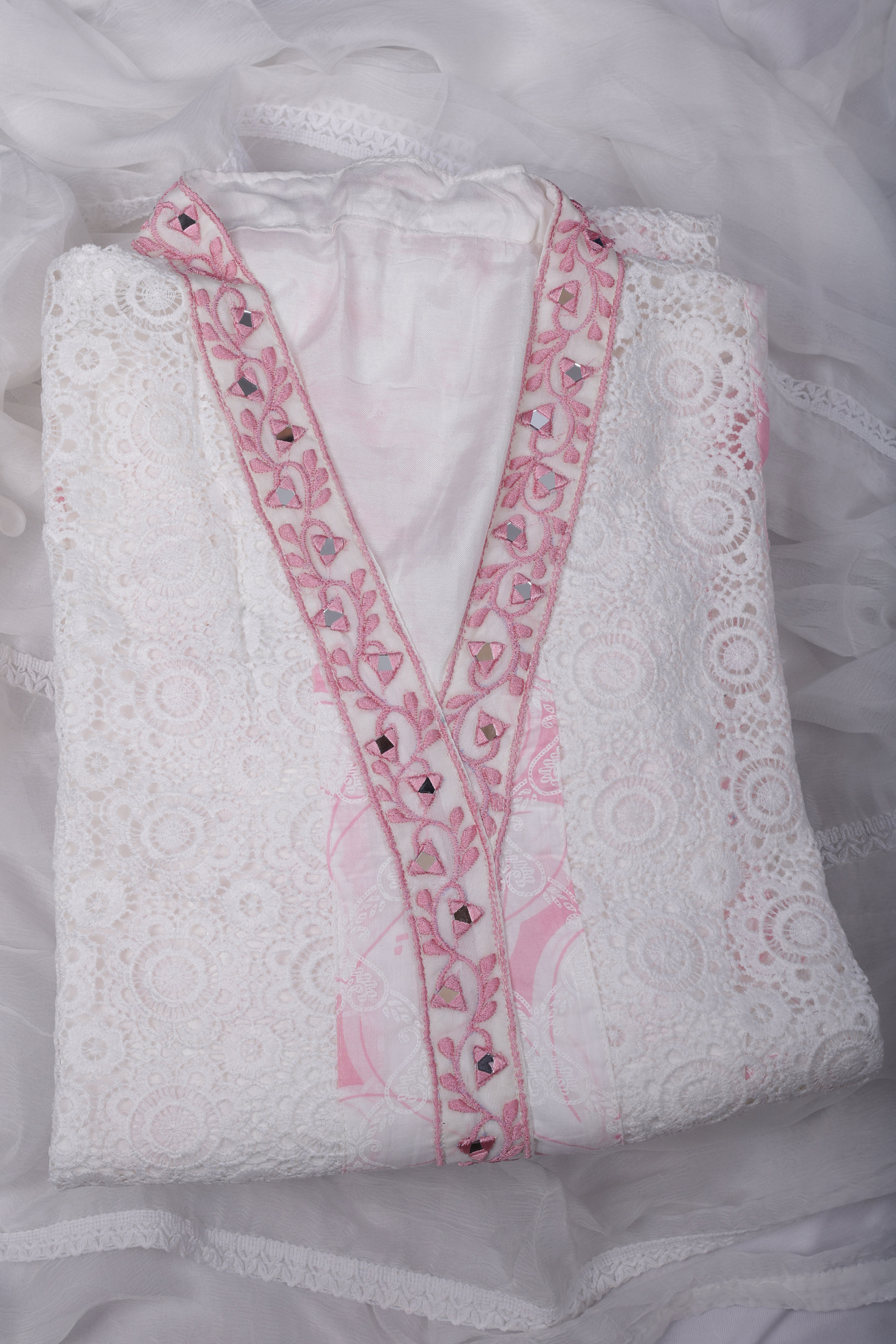 Elegant White Mul Cotton Suit Set with Mirror Work Neckline