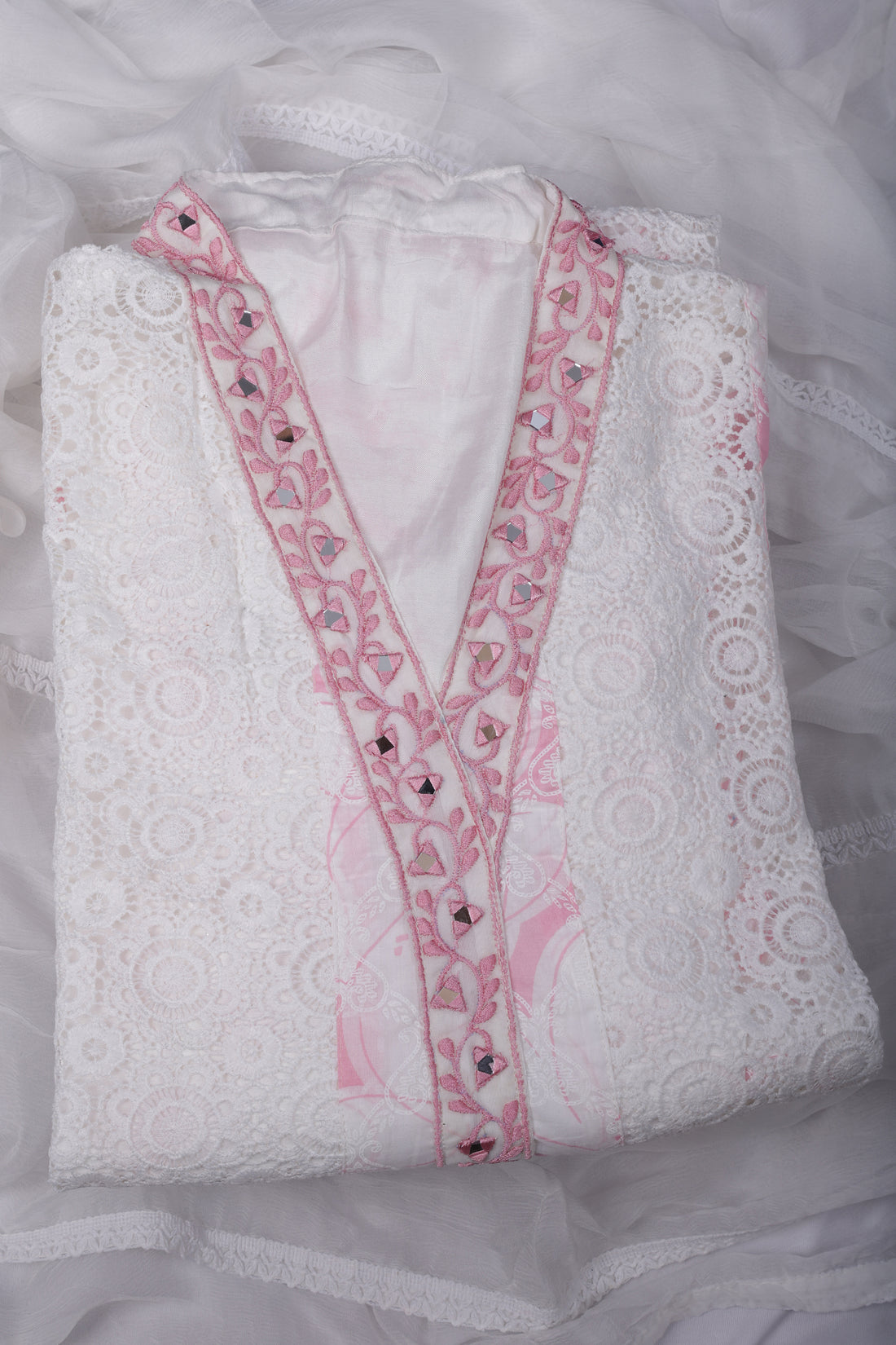 Elegant White Mul Cotton Suit Set with Mirror Work Neckline