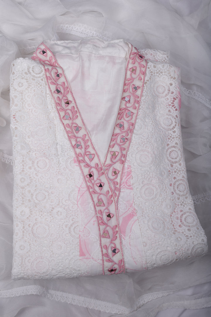 Elegant White Mul Cotton Suit Set with Mirror Work Neckline