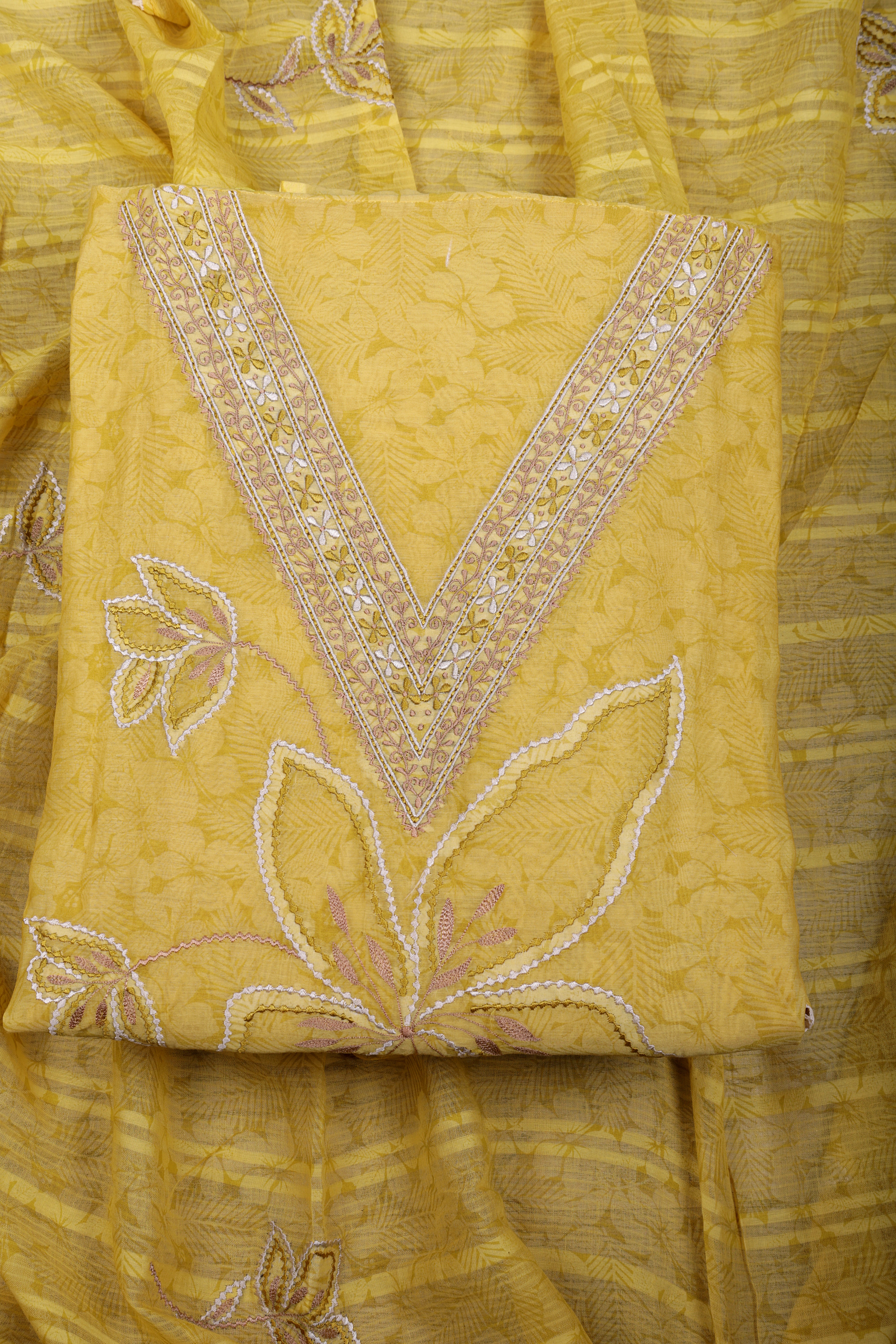 Sunshine Yellow Chanderi Silk Suit Set with Appliqué Thread Work
