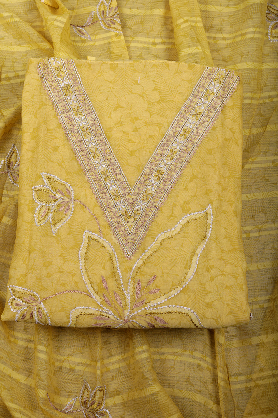 Sunshine Yellow Chanderi Silk Suit Set with Appliqué Thread Work