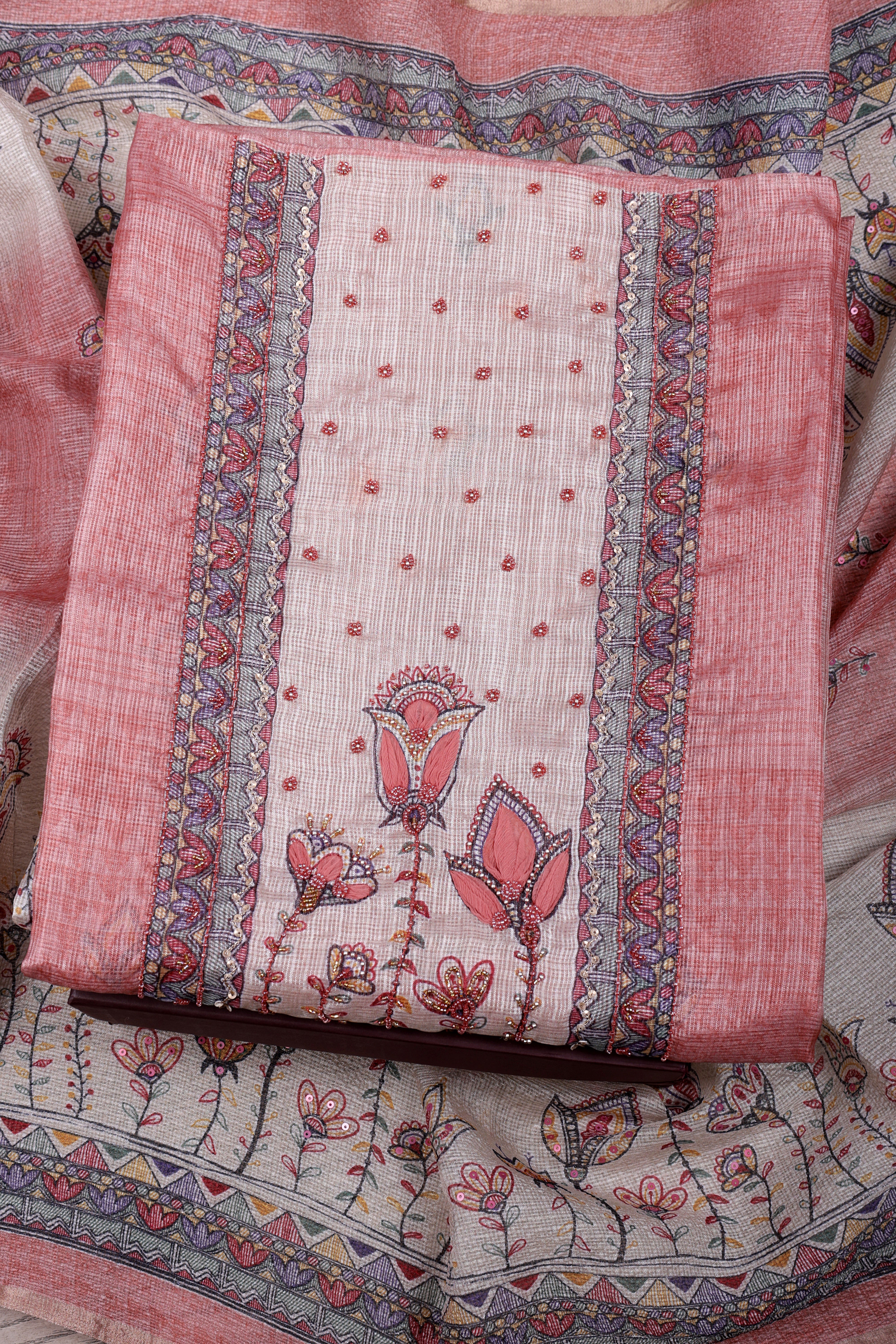 Peach Kota Silk Suit Set with Pearlwork & Kalamkari Dupatta