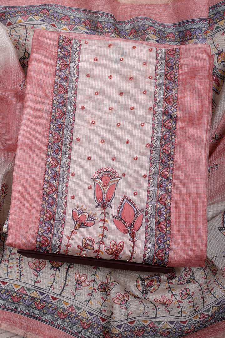 Peach Kota Silk Suit Set with Pearlwork & Kalamkari Dupatta