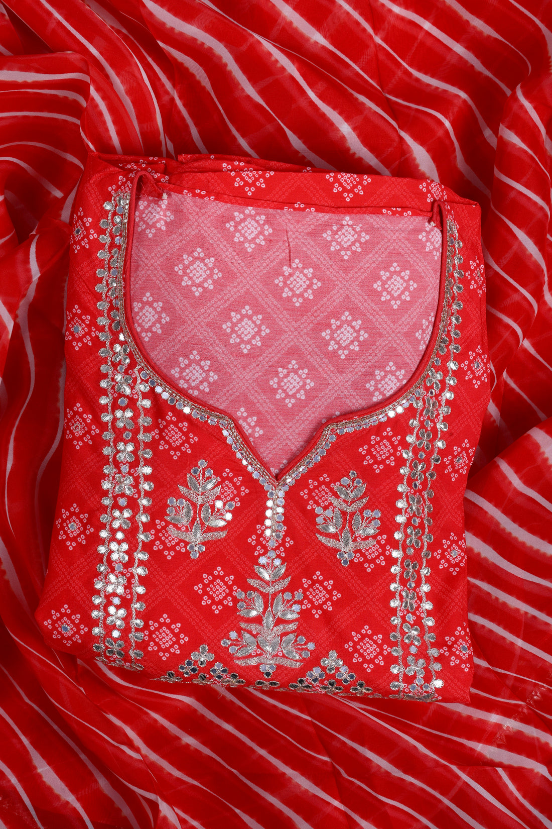 Vibrant Red Dola Silk Suit Set with Gota Work & Leheriya Organza Dupatta