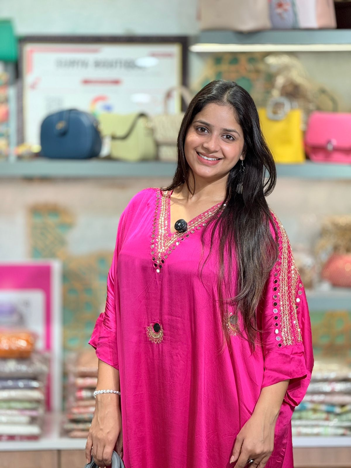 Fuchsia Noor Mirror Work Kaftan Set