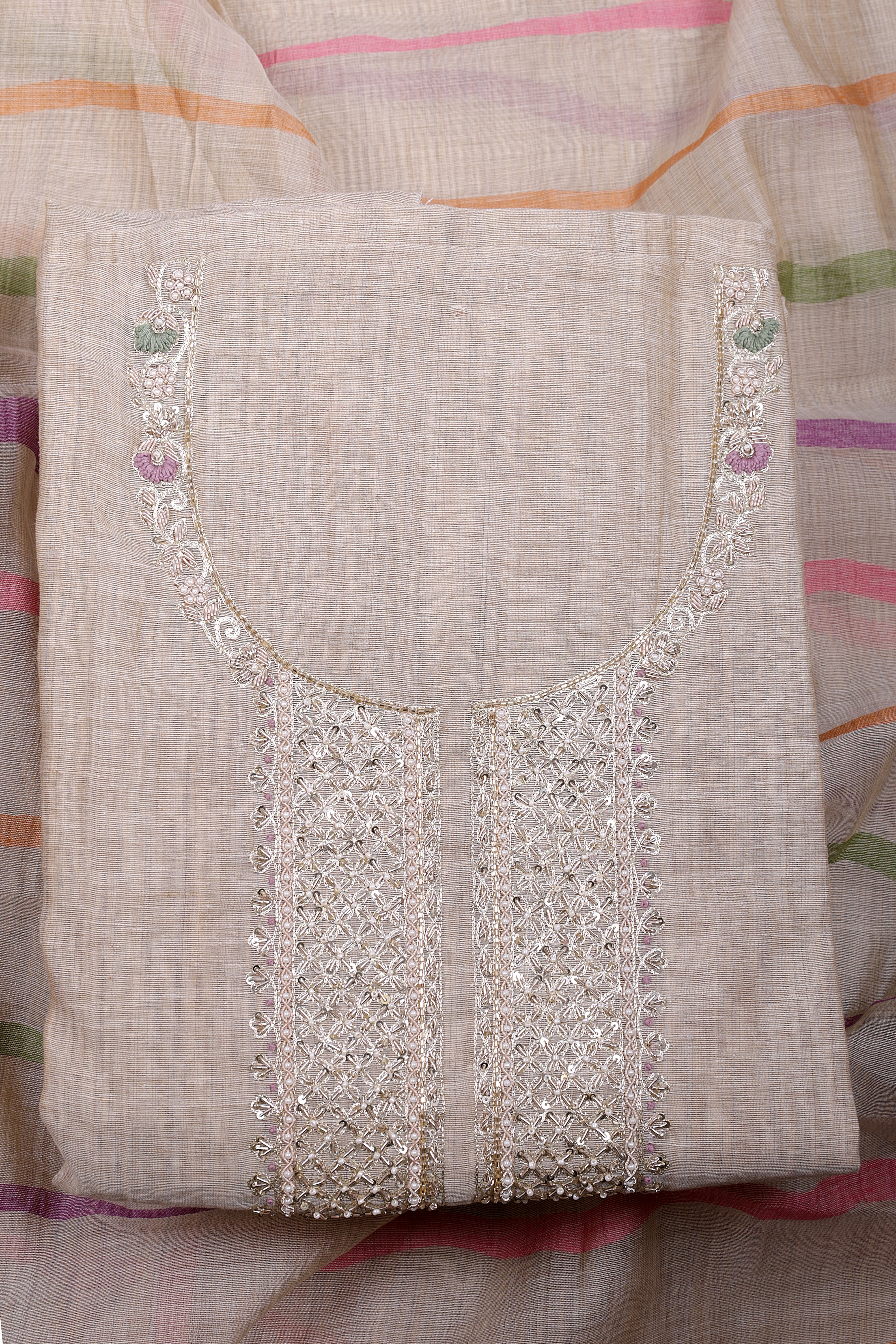 Elegant Beige Jamdani Suit Set with Zardozi & Pearl Handwork